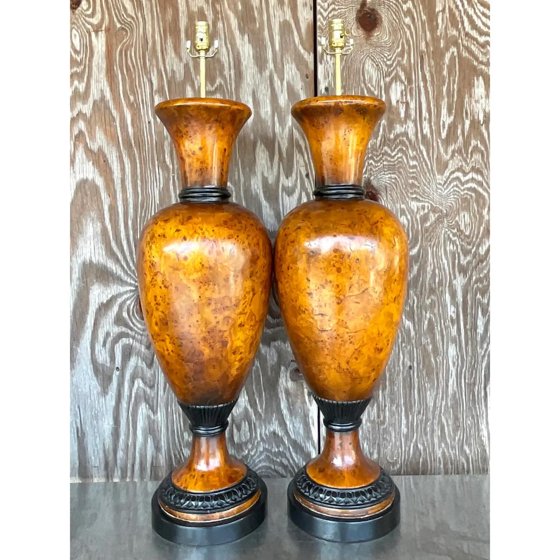 American Vintage Late 20th Century Boho Burl Wood Urn Lamps - a Pair For Sale