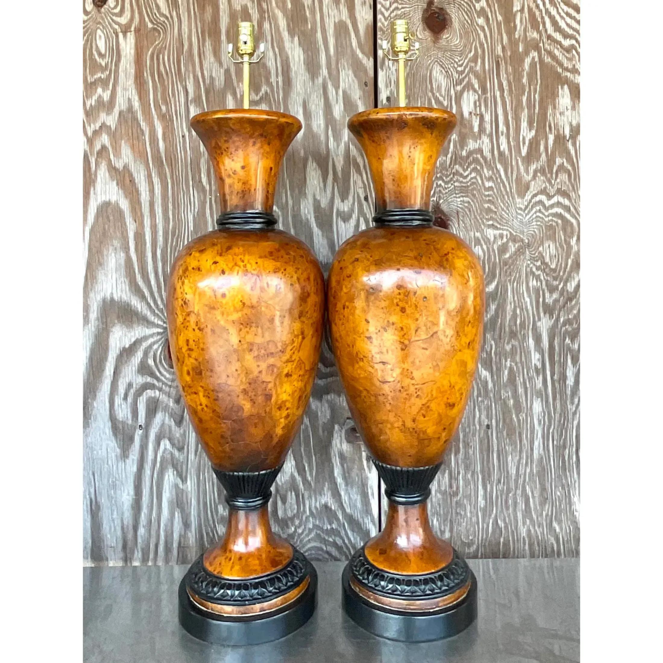 Vintage Late 20th Century Boho Burl Wood Urn Lamps - a Pair For Sale 1