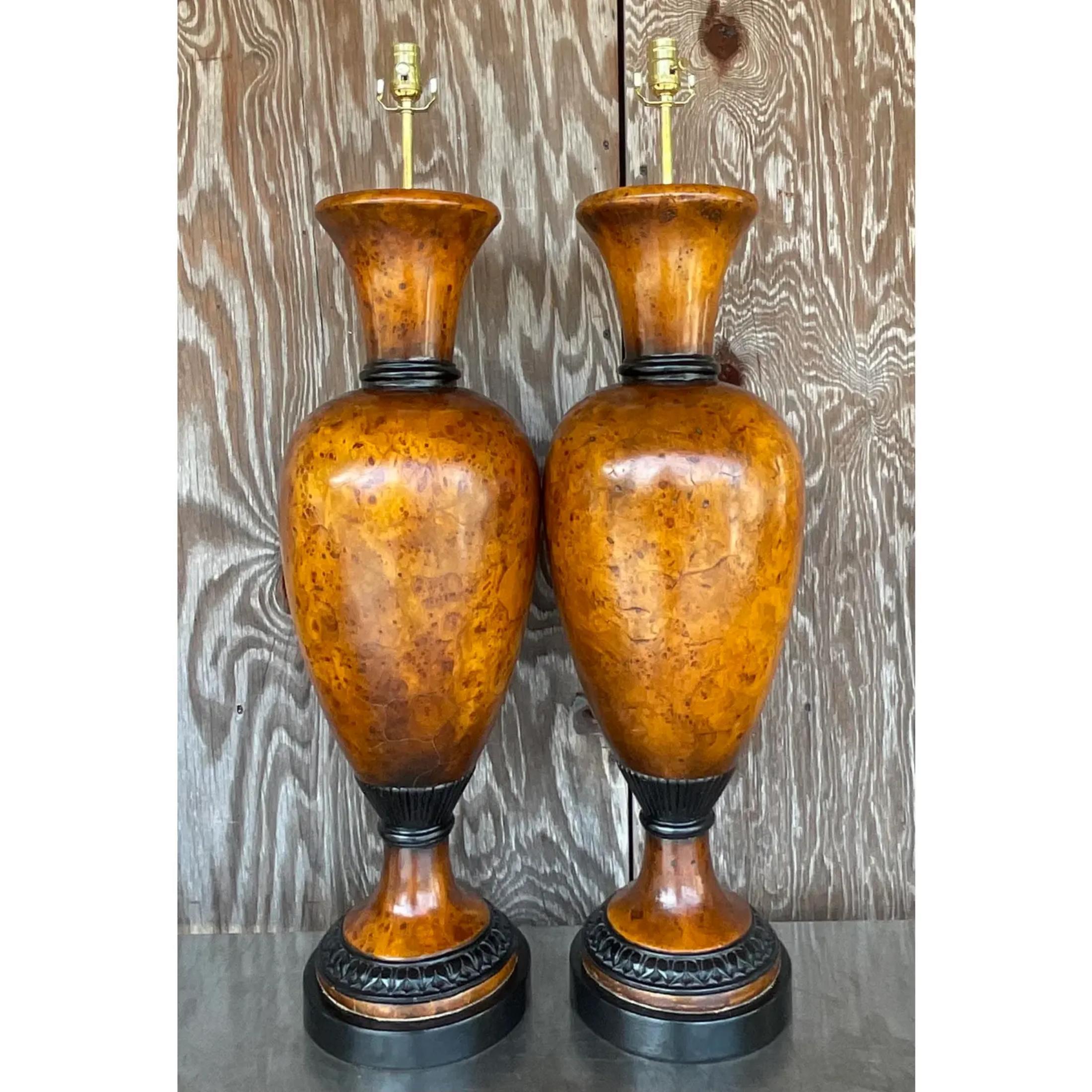 Vintage Late 20th Century Boho Burl Wood Urn Lamps - a Pair For Sale 2