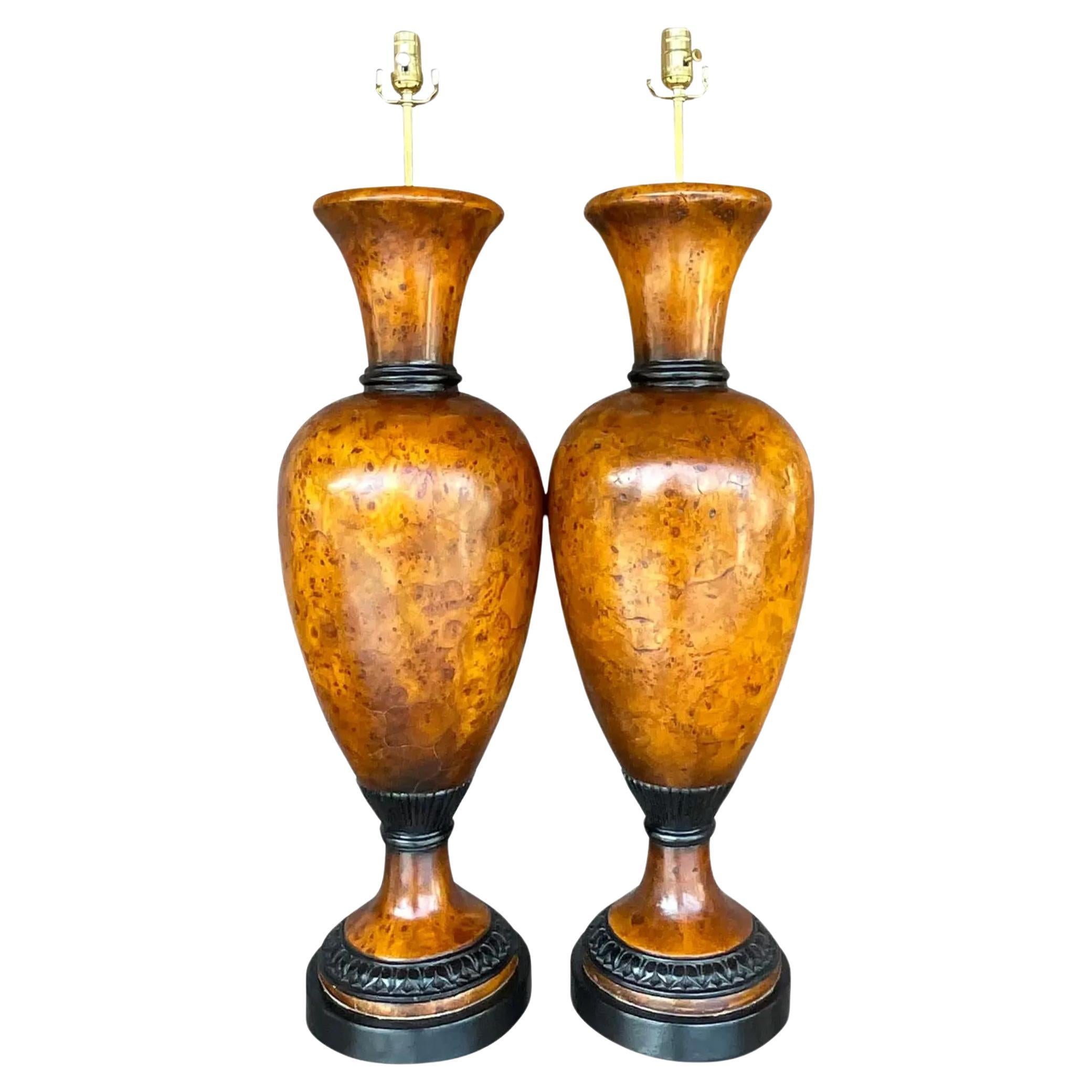 Vintage Late 20th Century Boho Burl Wood Urn Lamps - a Pair For Sale