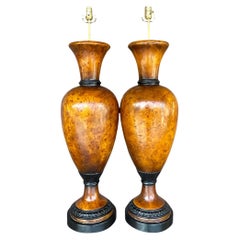 Vintage Late 20th Century Boho Burl Wood Urn Lamps - a Pair