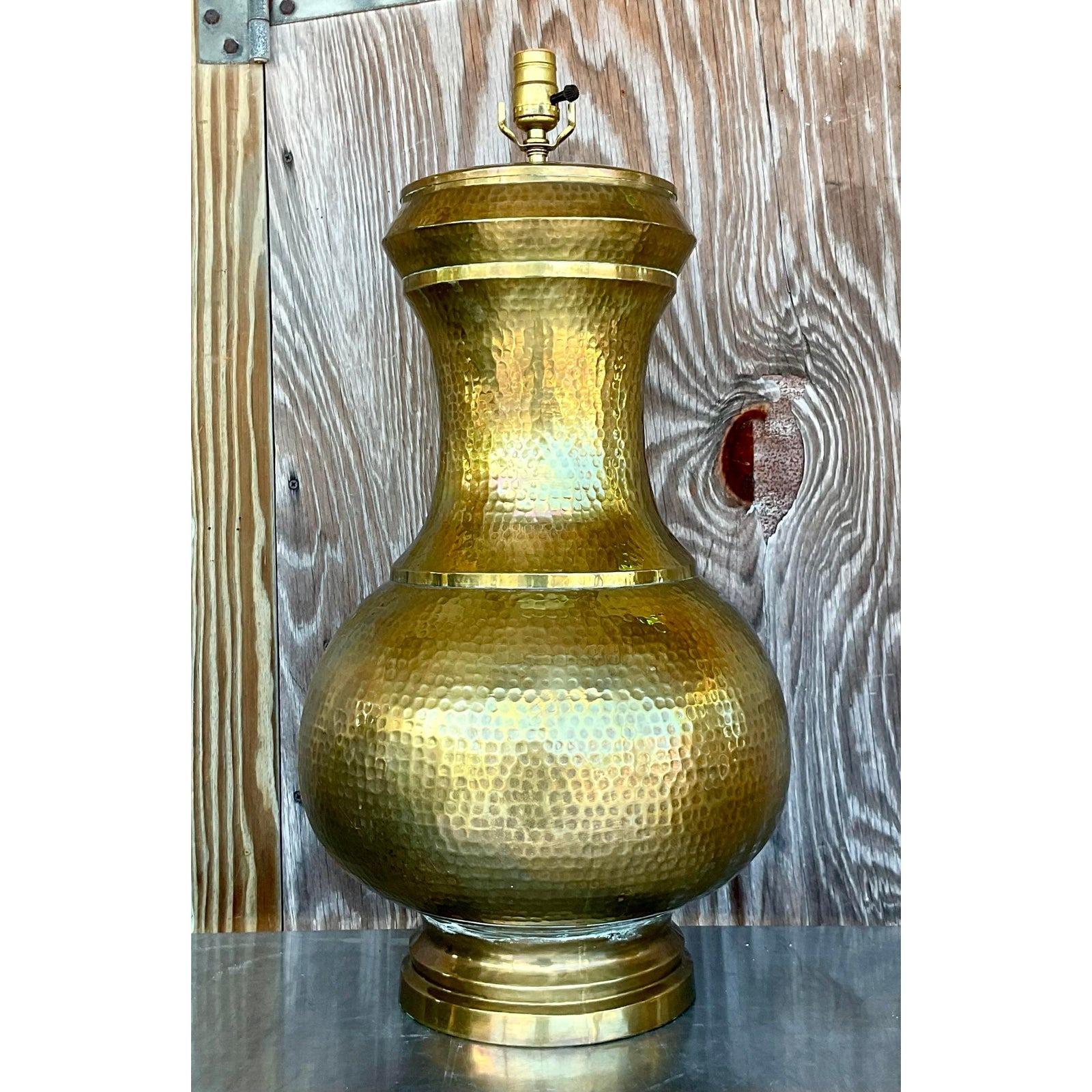 North American Vintage Late 20th Century Boho Chic Hammered Brass Table Lamp For Sale