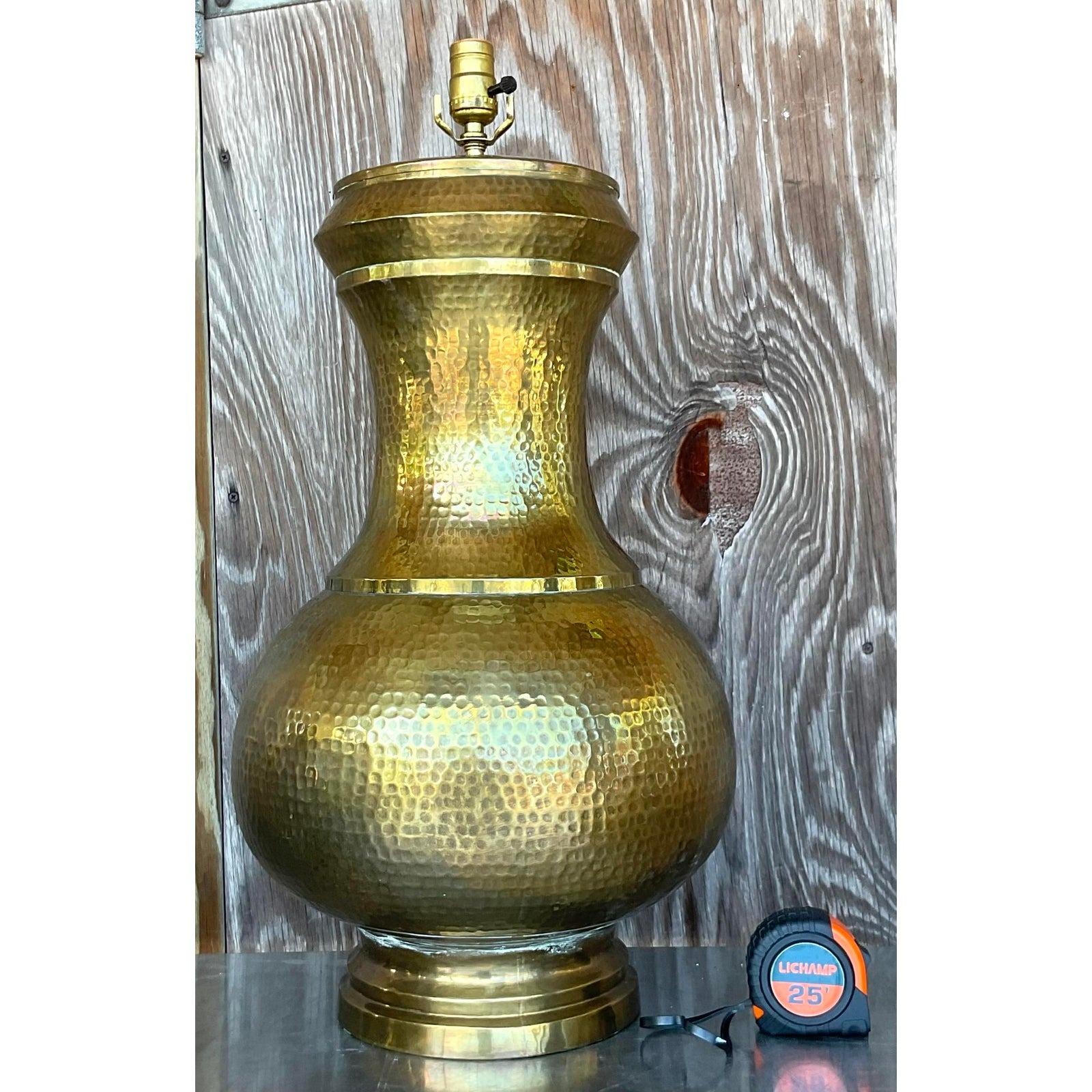 Vintage Late 20th Century Boho Chic Hammered Brass Table Lamp For Sale 1