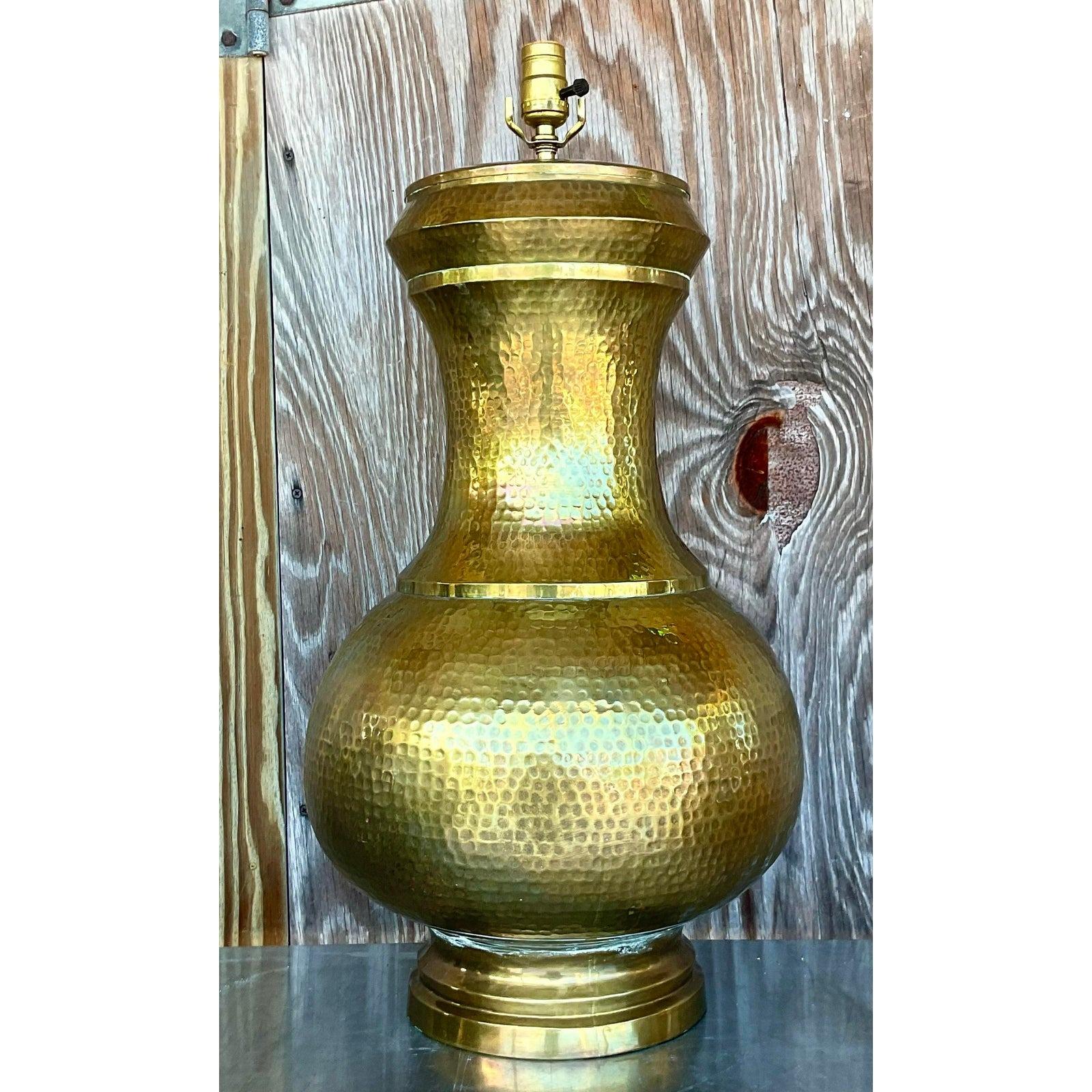 Vintage Late 20th Century Boho Chic Hammered Brass Table Lamp For Sale 2