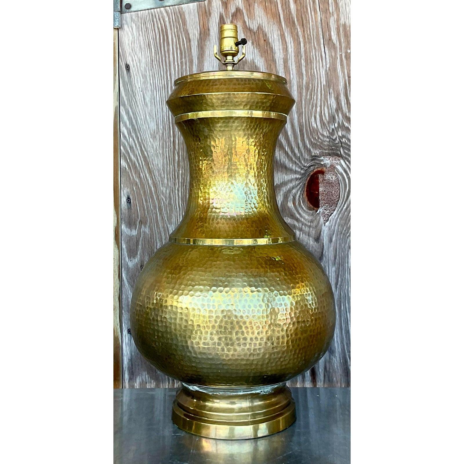 Vintage Late 20th Century Boho Chic Hammered Brass Table Lamp For Sale 3