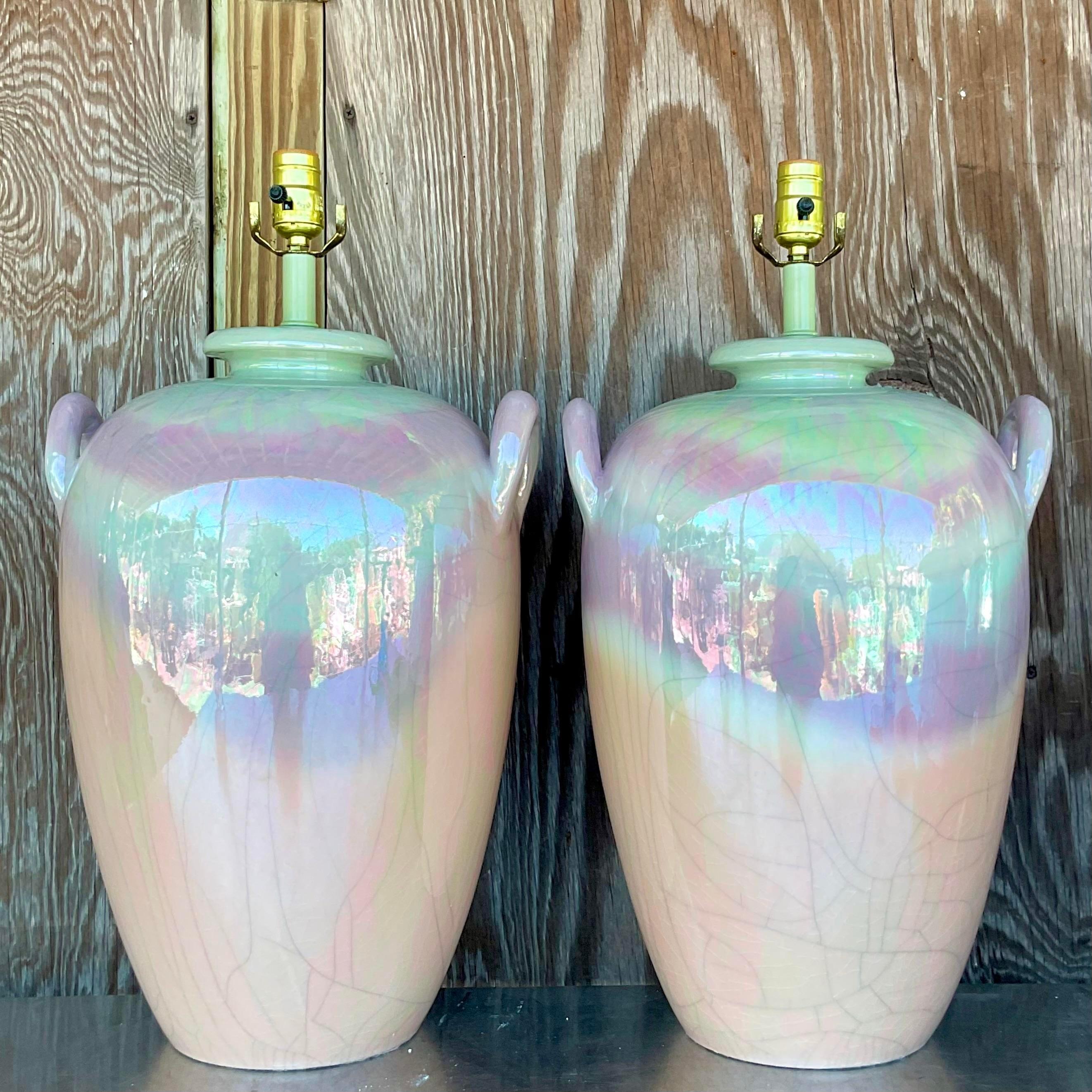 A fabulous pair of vintage Boho table lamps. Beautiful ombré pastel coloration with a crackle glaze finish. Acquired from a Palm Beach estate.