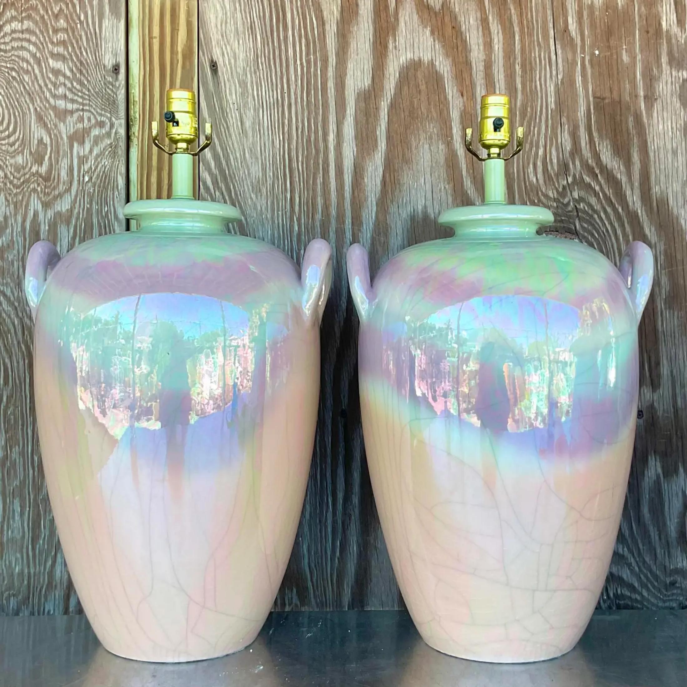 A fabulous pair of vintage Boho table lamps. Beautiful ombré pastel coloration with a crackle glaze finish. Acquired from a Palm Beach estate.
