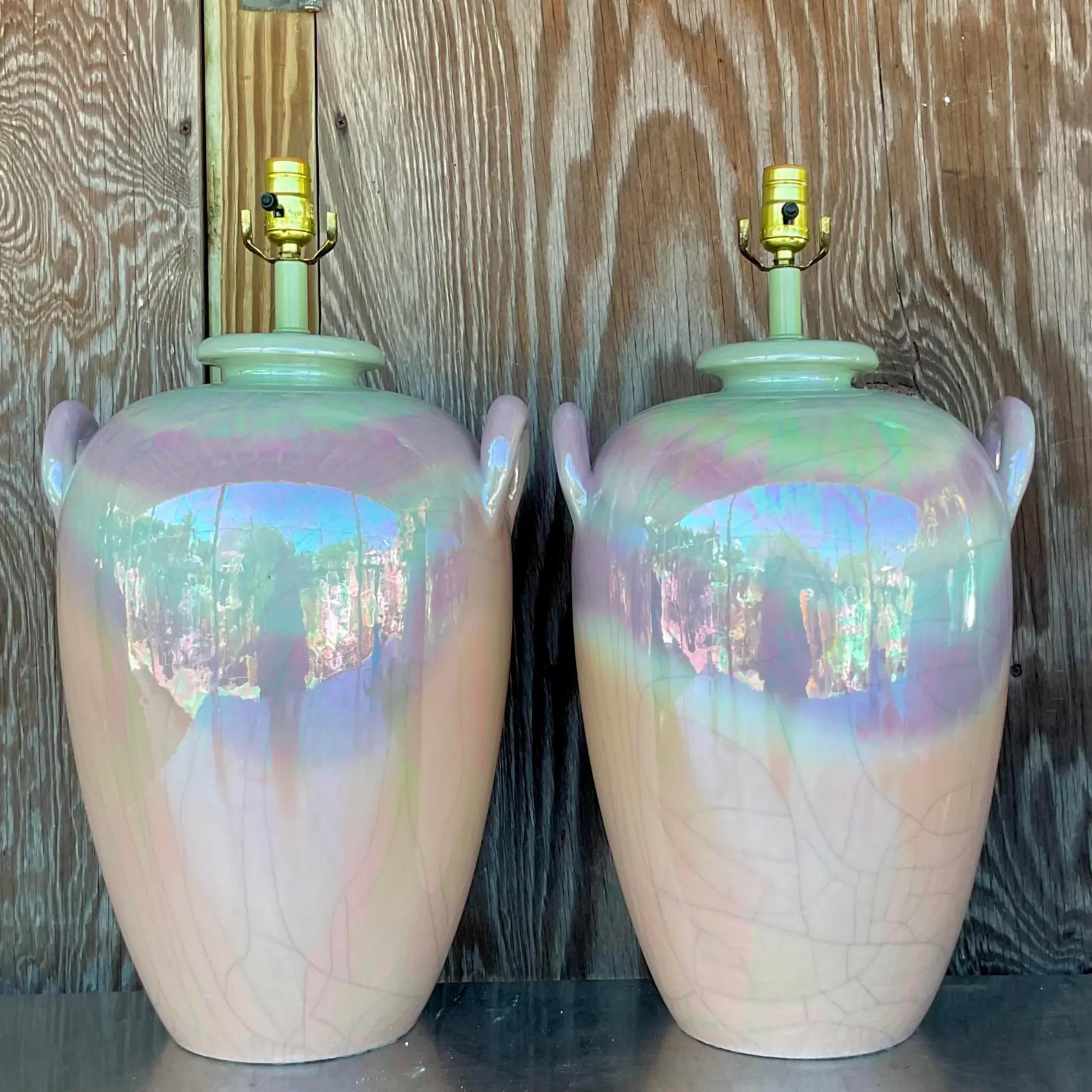 Bohemian Vintage Late 20th Century Boho Crackle Ombré Glazed Ceramic Lamps - a Pair