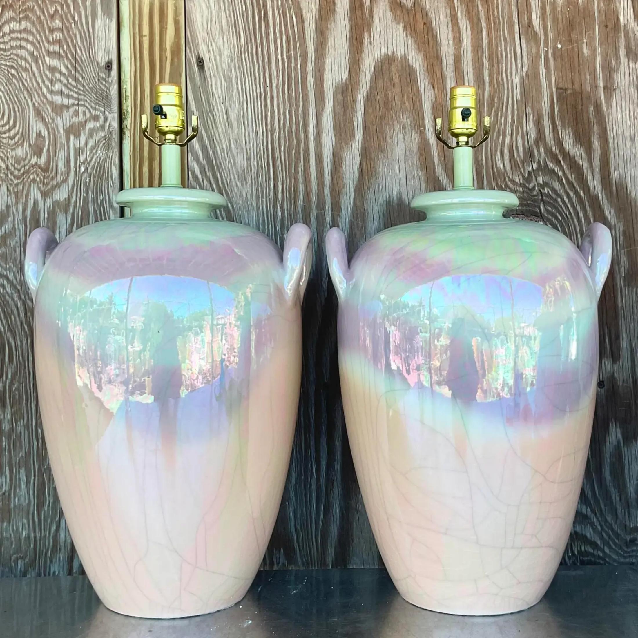 American Vintage Late 20th Century Boho Crackle Ombré Glazed Ceramic Lamps - a Pair