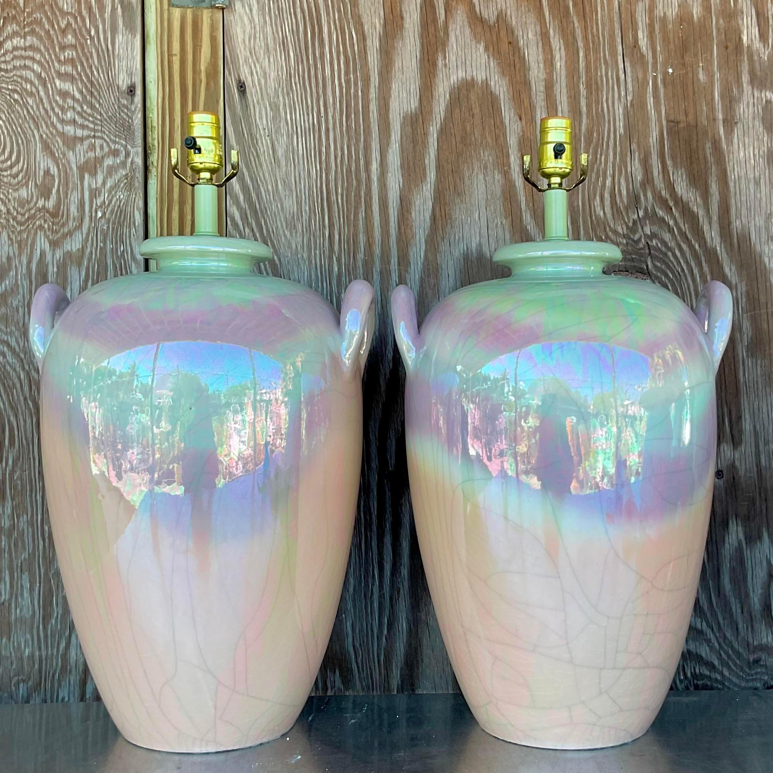 Vintage Late 20th Century Boho Crackle Ombré Glazed Ceramic Lamps - a Pair In Good Condition In west palm beach, FL
