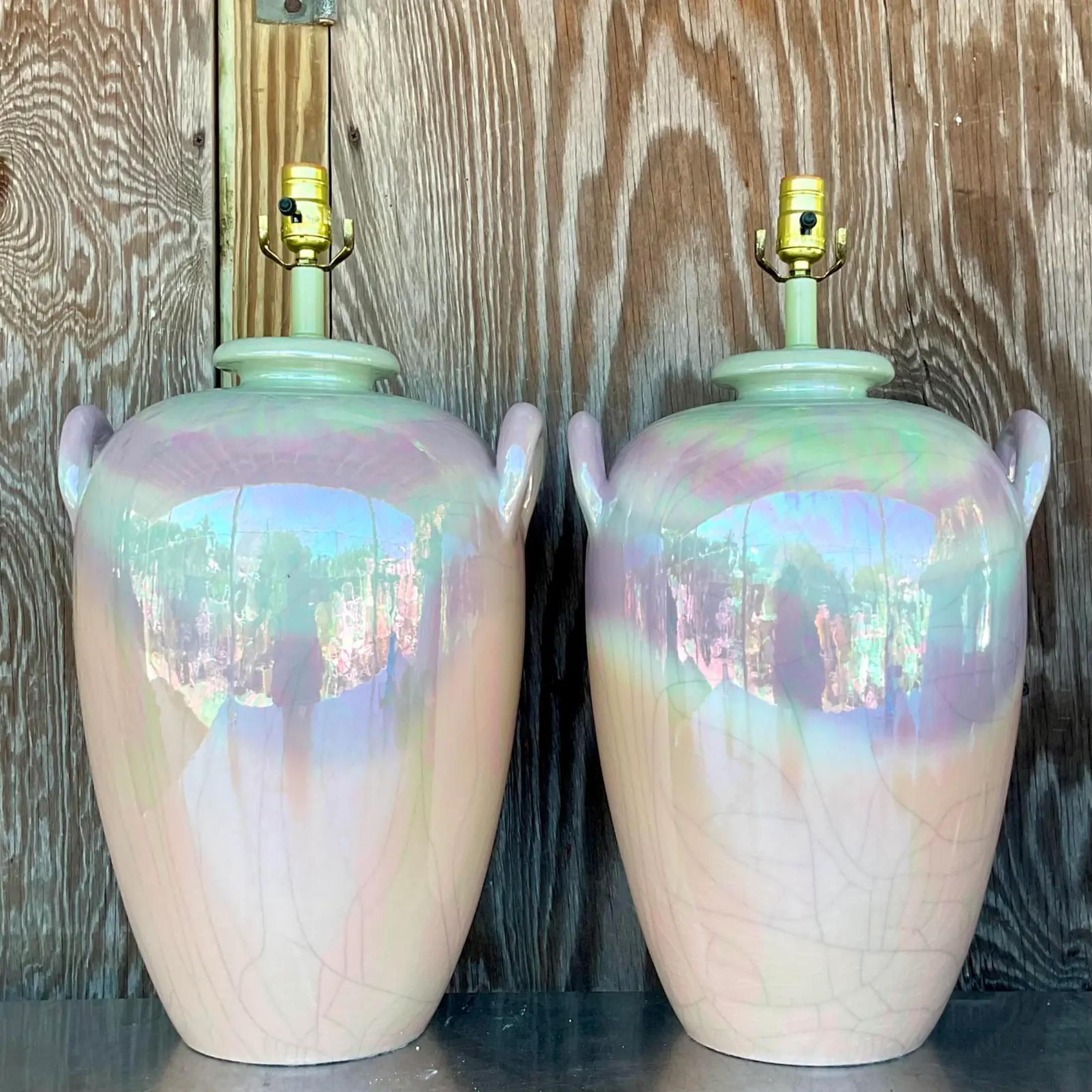 Vintage Late 20th Century Boho Crackle Ombré Glazed Ceramic Lamps - a Pair In Good Condition In west palm beach, FL