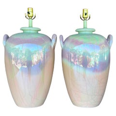 Vintage Late 20th Century Boho Crackle Ombré Glazed Ceramic Lamps - a Pair