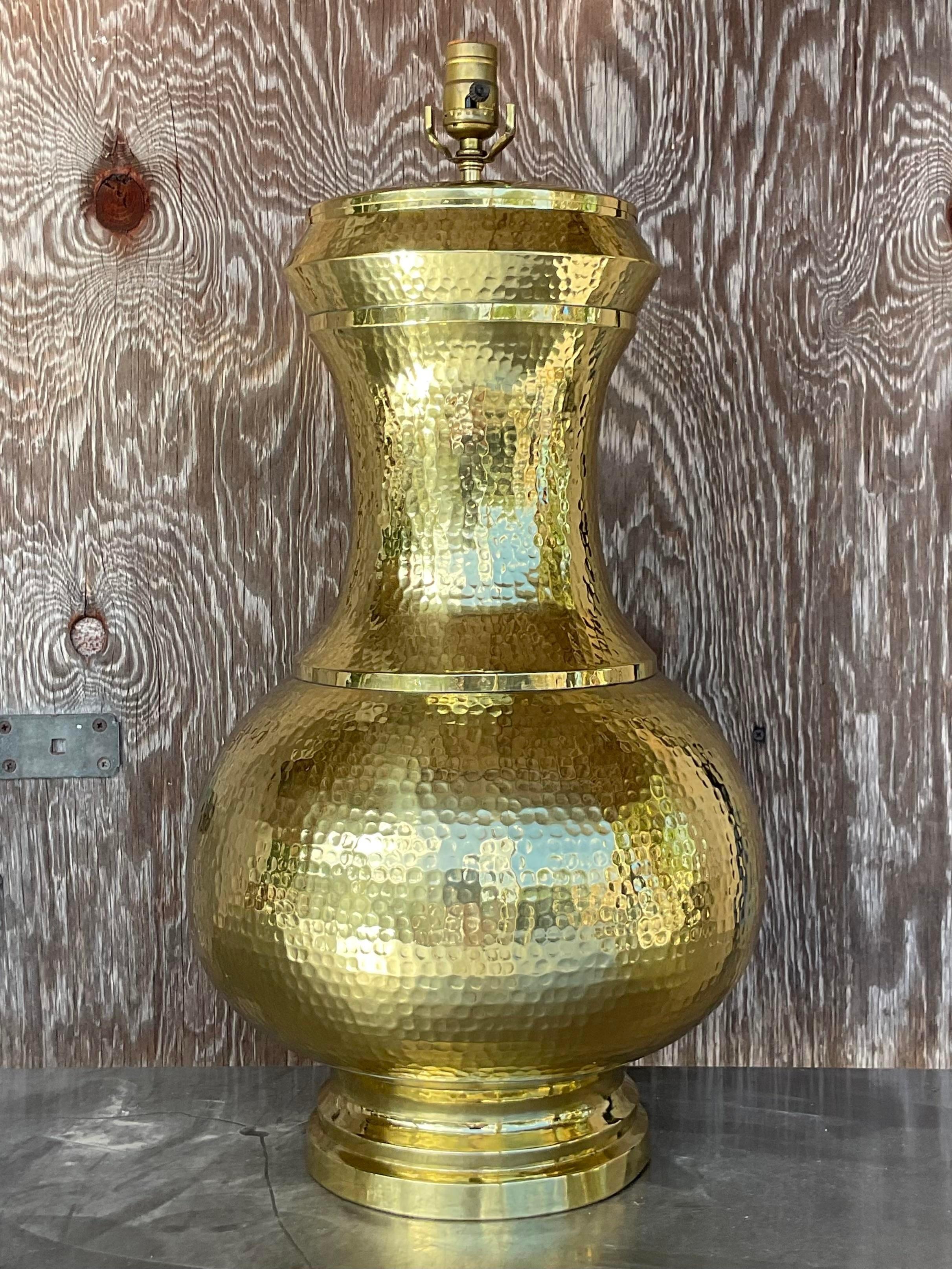 American Vintage Late 20th Century Boho Hammered Brass Table Lamp For Sale