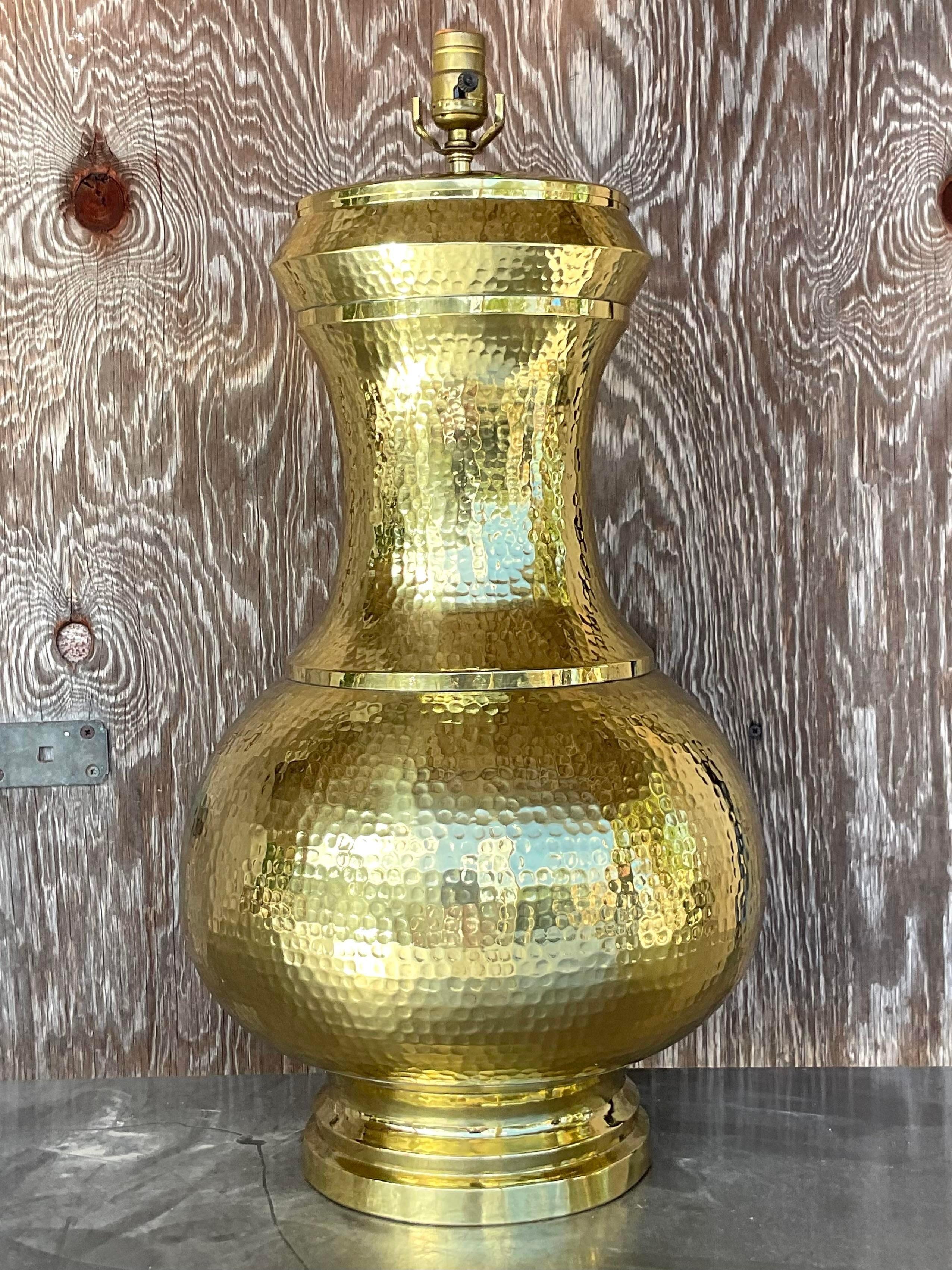 Vintage Late 20th Century Boho Hammered Brass Table Lamp In Good Condition For Sale In west palm beach, FL