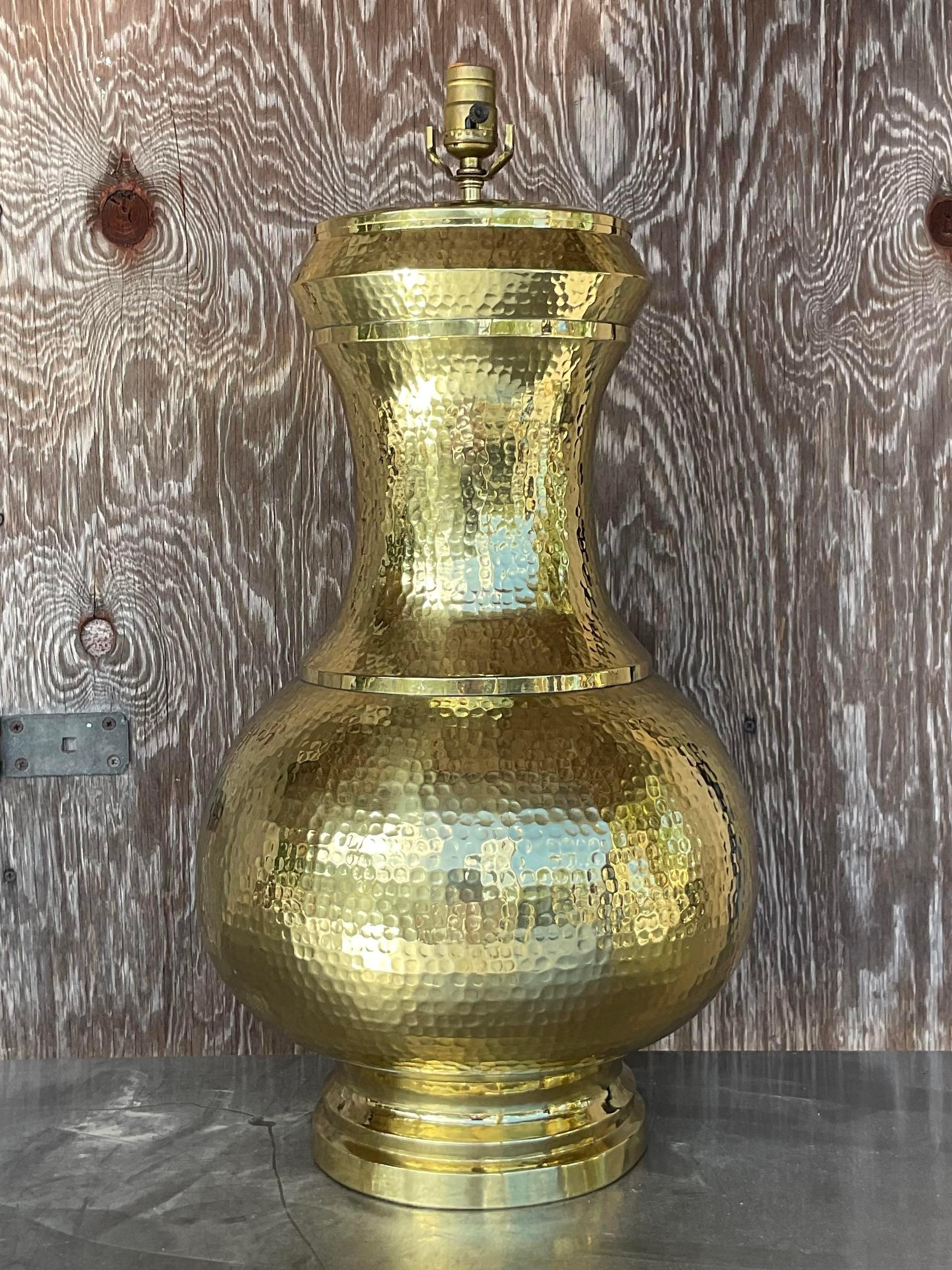 Vintage Late 20th Century Boho Hammered Brass Table Lamp For Sale 2