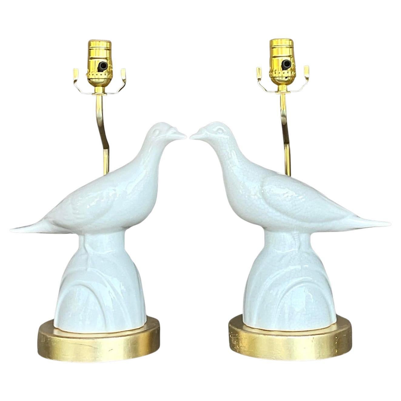 Vintage Late 20th Century Boho Love Bird Lamps - a Pair