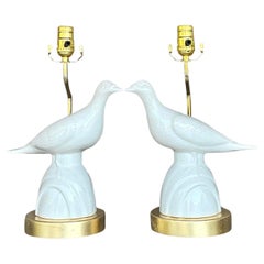 Vintage Late 20th Century Boho Love Bird Lamps - a Pair