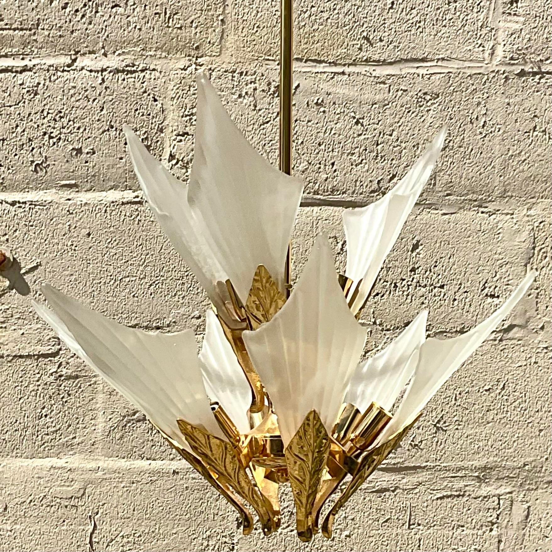 Italian Vintage Late 20th Century Boho Murano Frosted Glass Leaf Chandelier