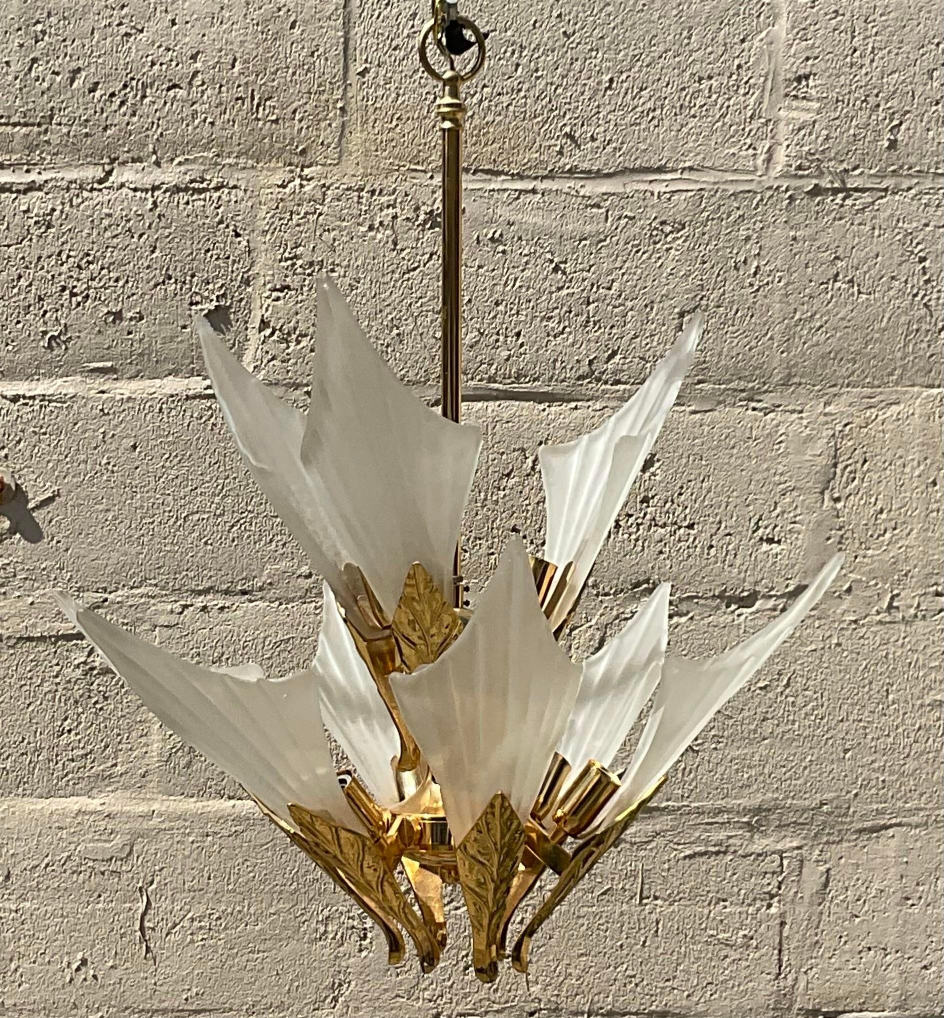 Brass Vintage Late 20th Century Boho Murano Frosted Glass Leaf Chandelier