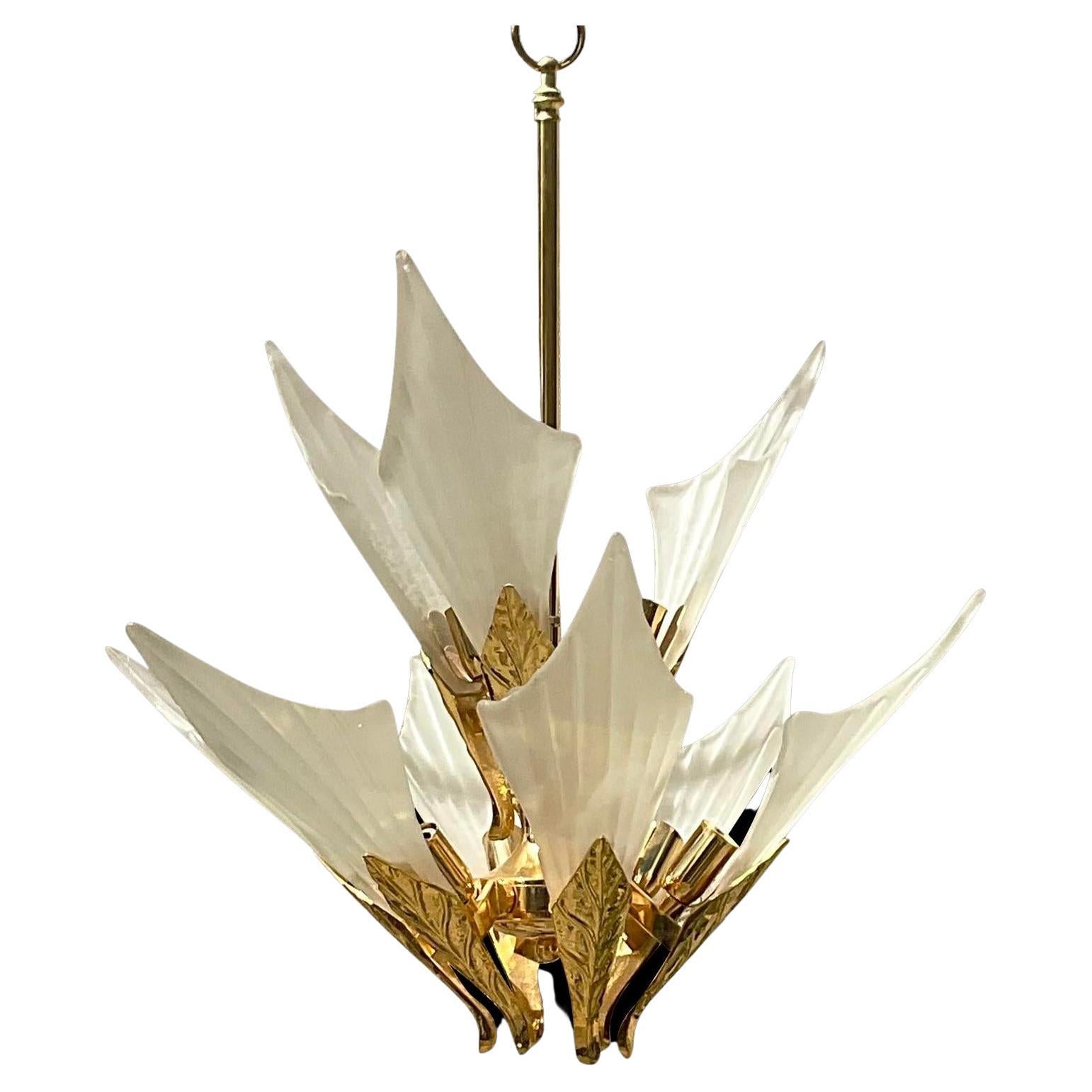 Vintage Late 20th Century Boho Murano Frosted Glass Leaf Chandelier