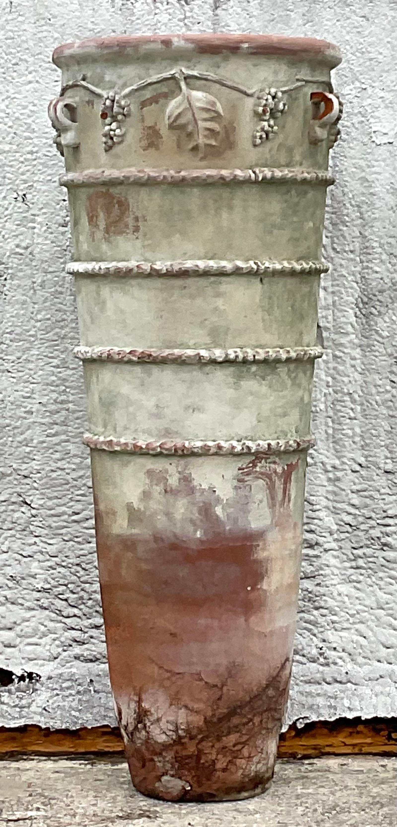 Vintage Late 20th Century Boho Patinated Terracotta Tall Planter In Good Condition For Sale In west palm beach, FL