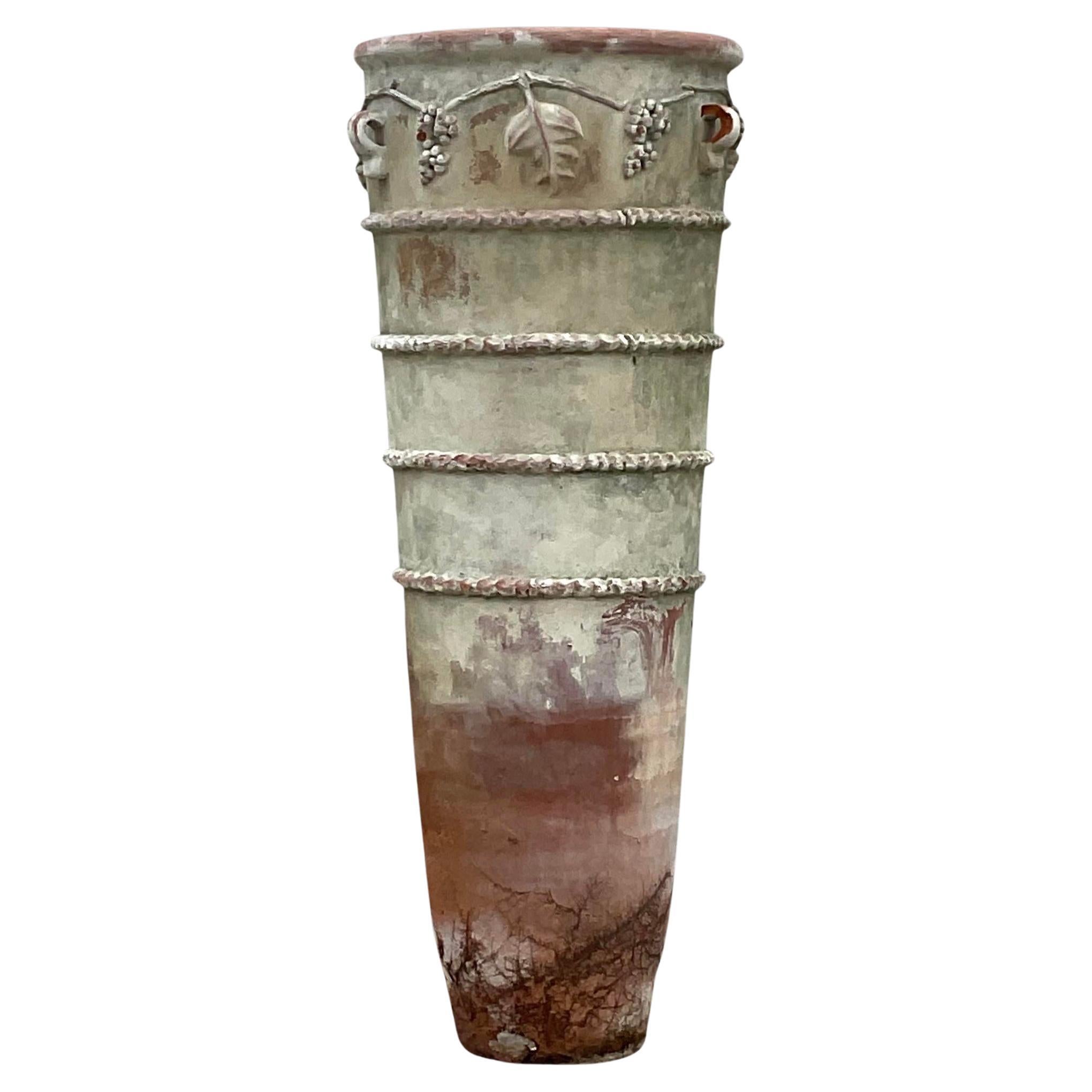 Vintage Late 20th Century Boho Patinated Terracotta Tall Planter For Sale