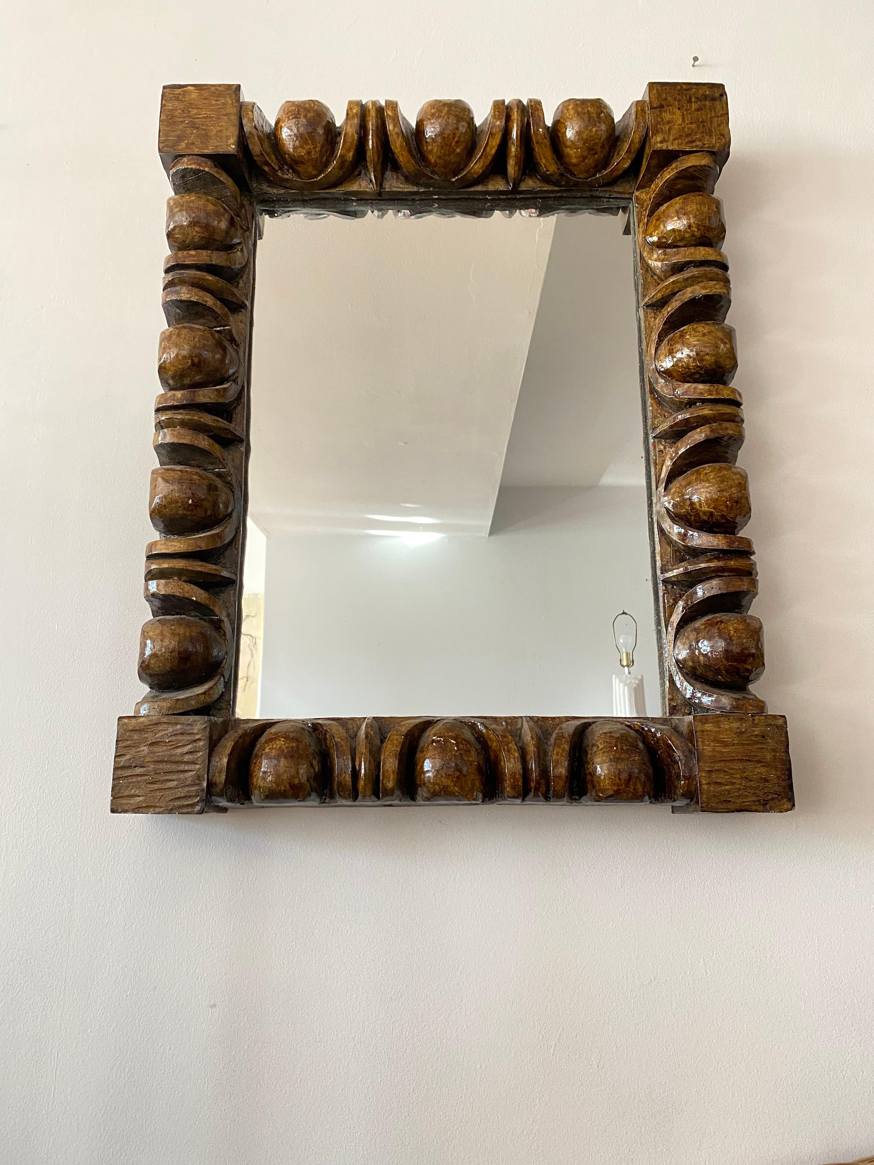 North American Vintage Late 20th Century Brutalist Style Faux Wood Carved Like Wall Mirror For Sale