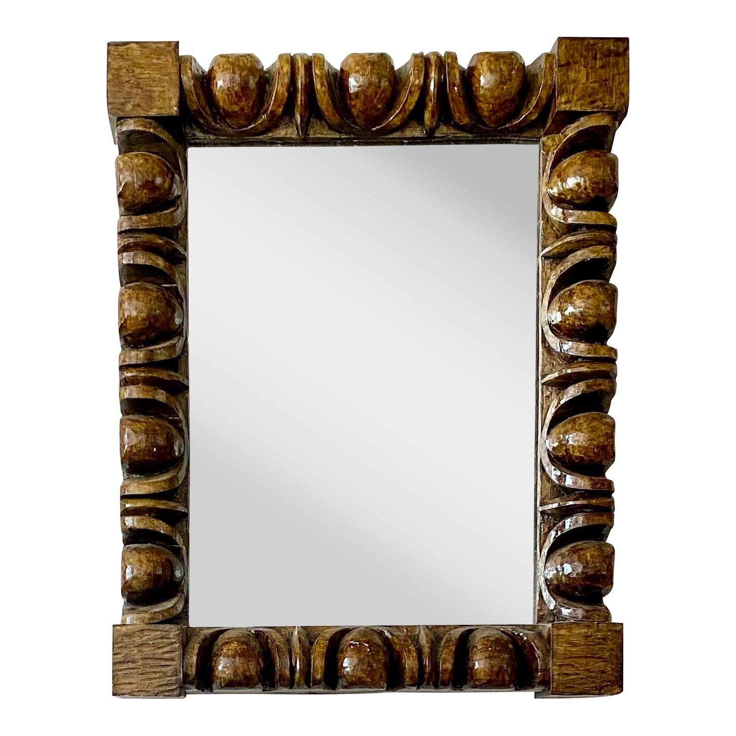 Vintage Late 20th Century Brutalist Style Faux Wood Carved Like Wall Mirror For Sale