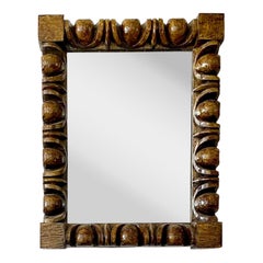 Vieux miroir mural de style brutaliste de la fin du 20e siècle en faux bois sculpté