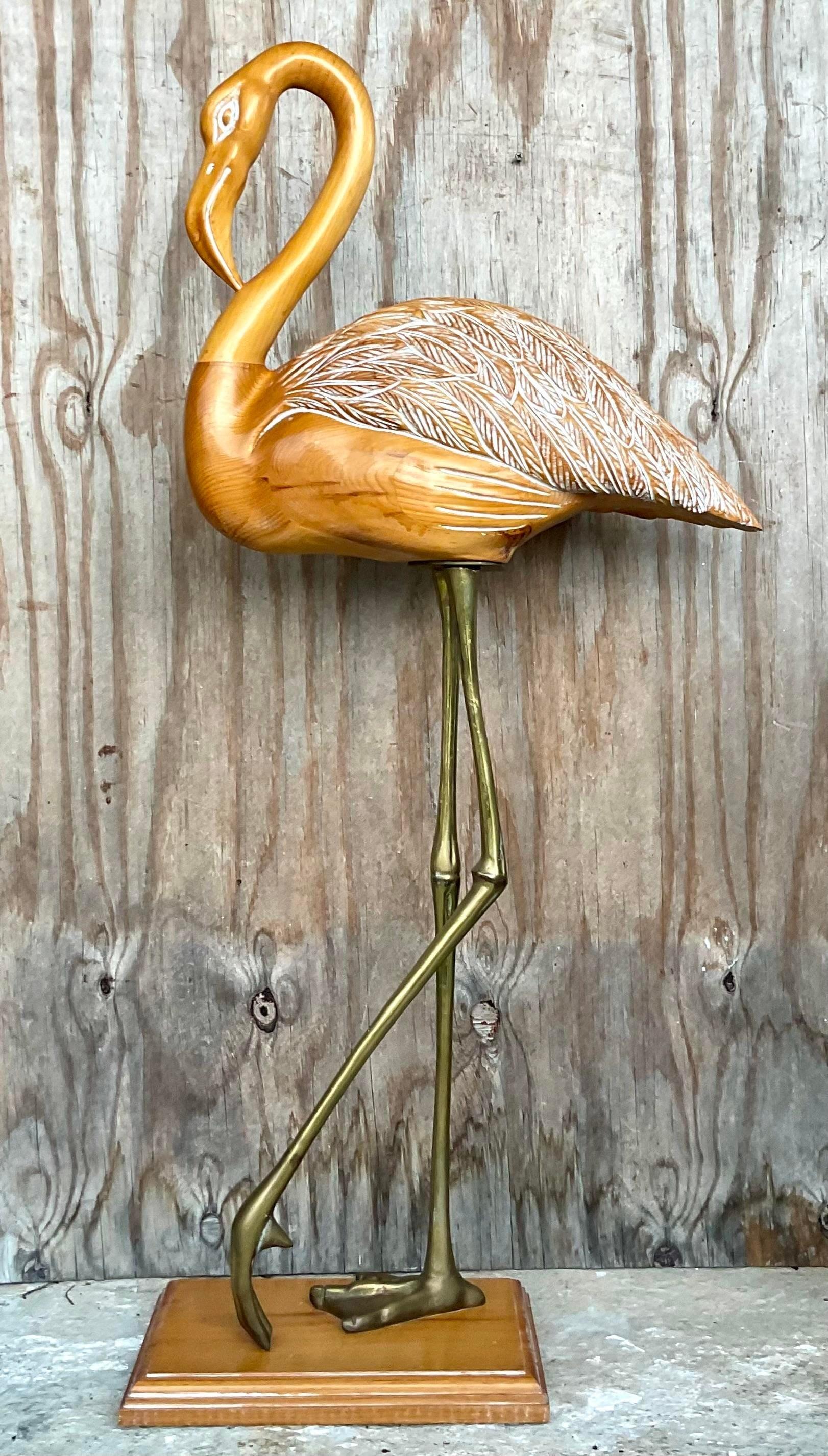 American Vintage Late 20th Century Coastal Carved Wood Flamingo For Sale