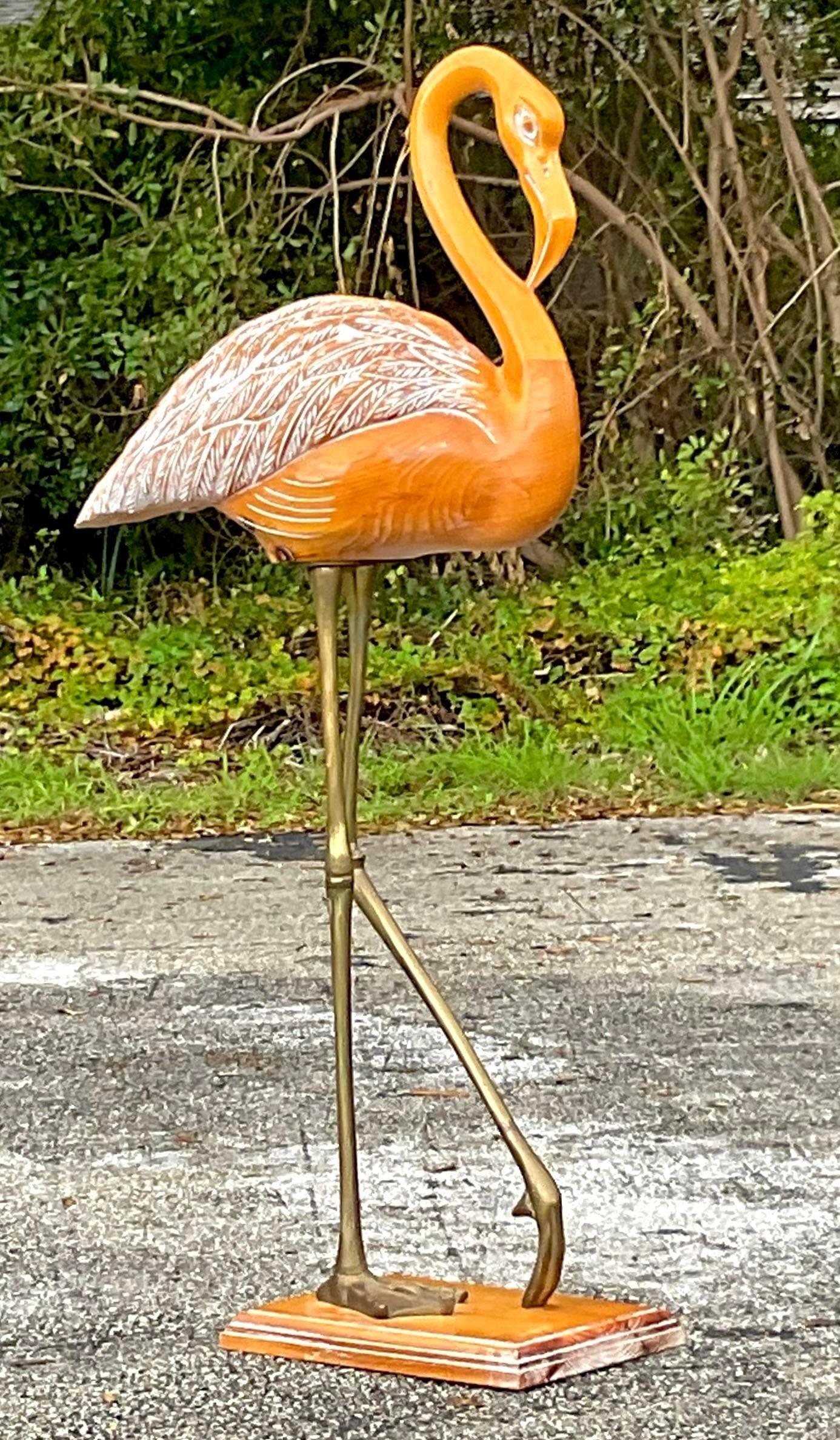 Vintage Late 20th Century Coastal Carved Wood Flamingo In Good Condition For Sale In west palm beach, FL