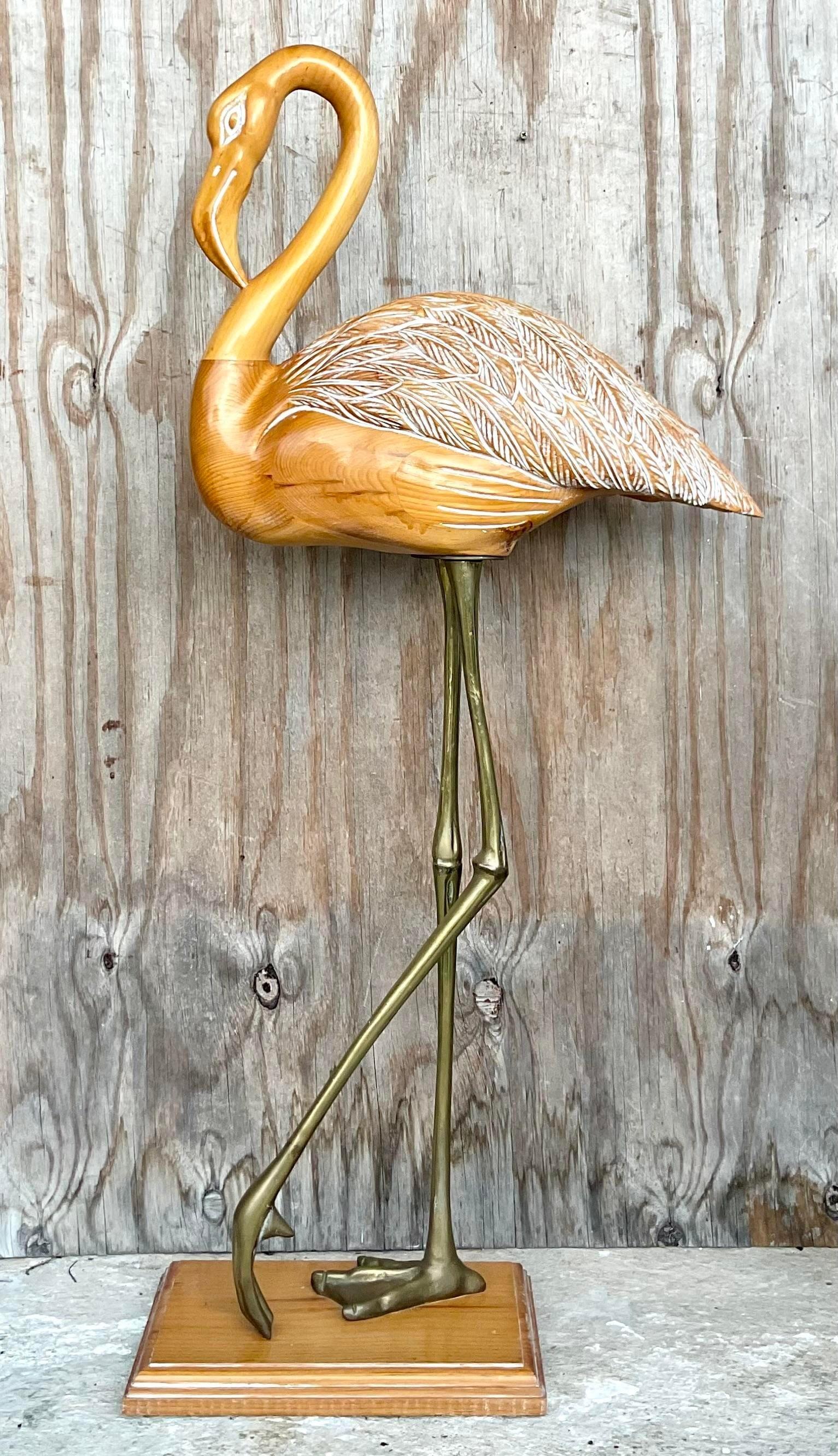 Brass Vintage Late 20th Century Coastal Carved Wood Flamingo For Sale