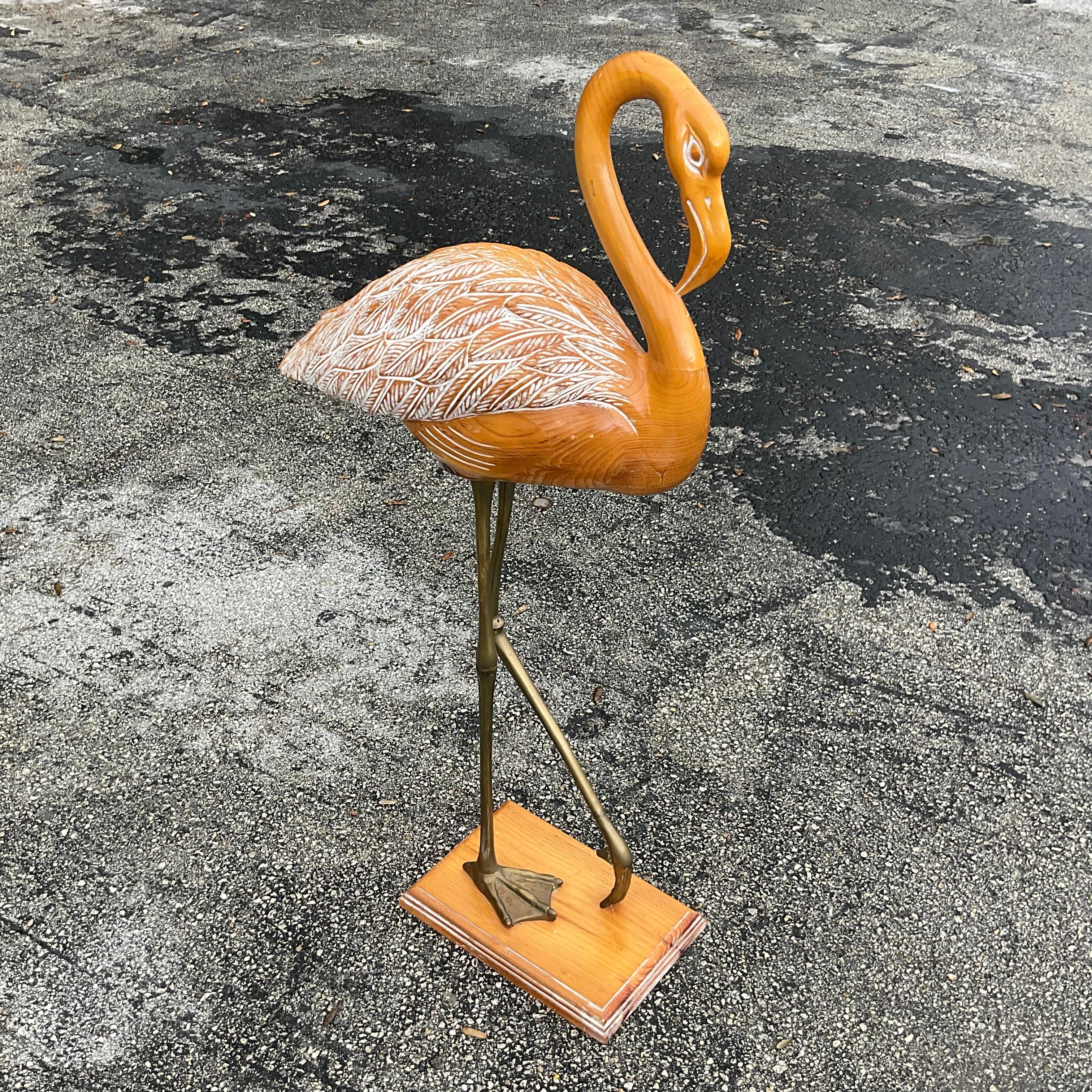 Vintage Late 20th Century Coastal Carved Wood Flamingo For Sale 1