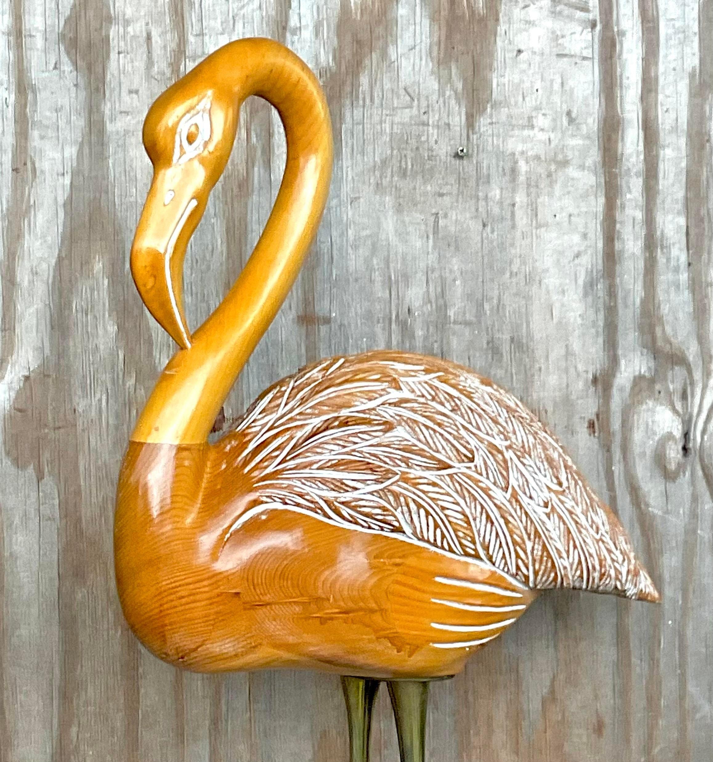 Vintage Late 20th Century Coastal Carved Wood Flamingo For Sale 2