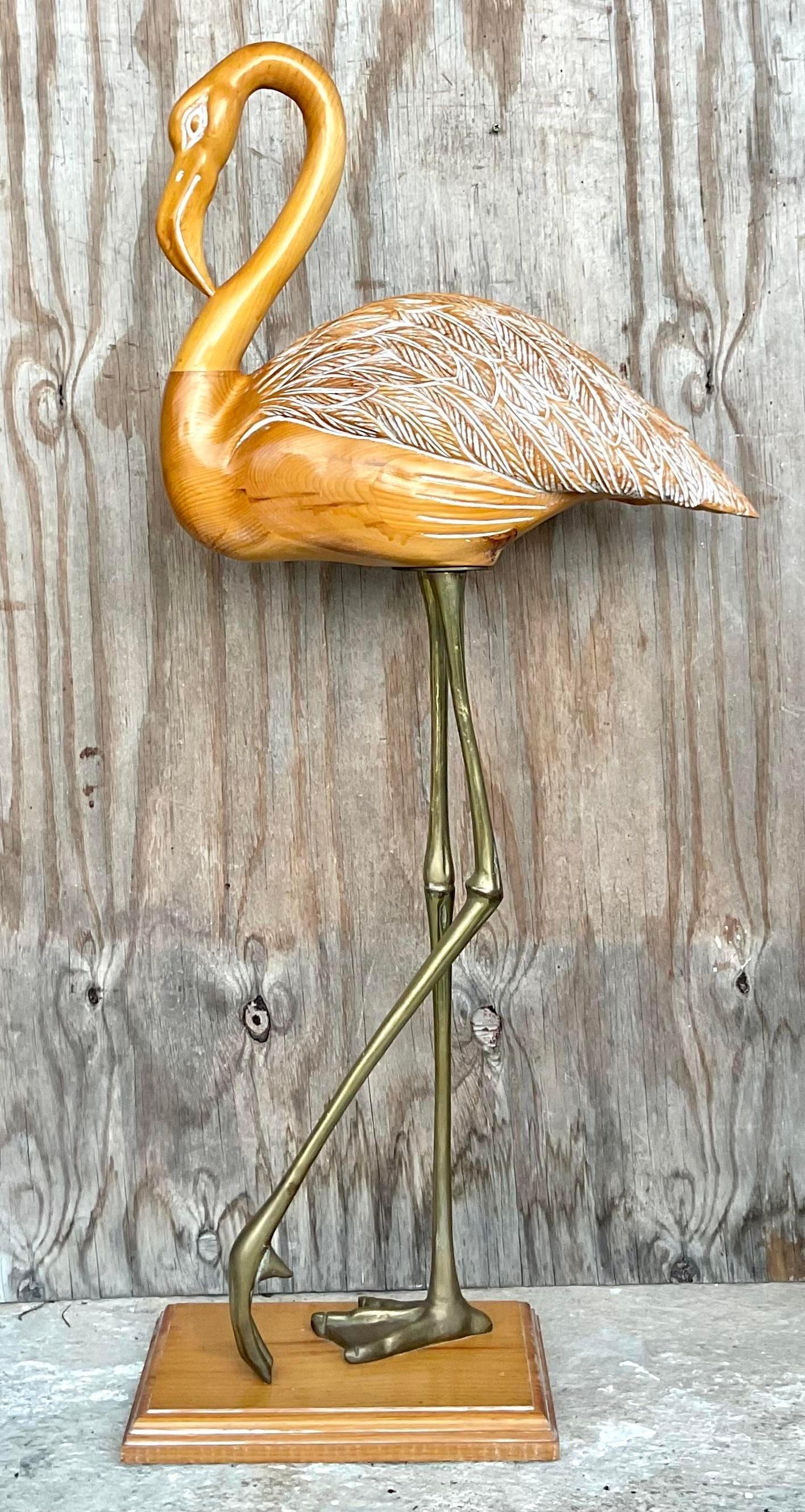 Vintage Late 20th Century Coastal Carved Wood Flamingo For Sale 3