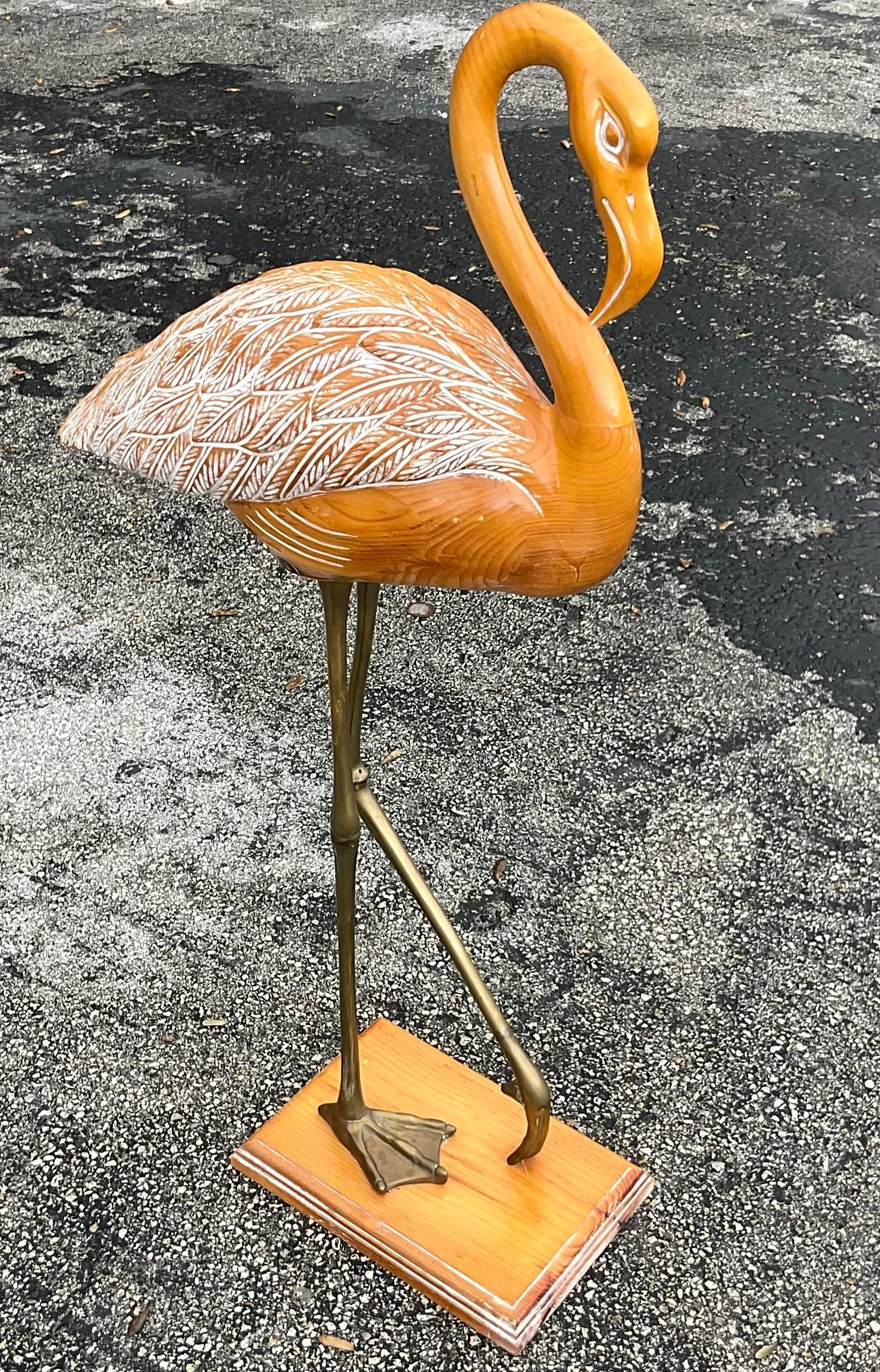 Vintage Late 20th Century Coastal Carved Wood Flamingo For Sale 4