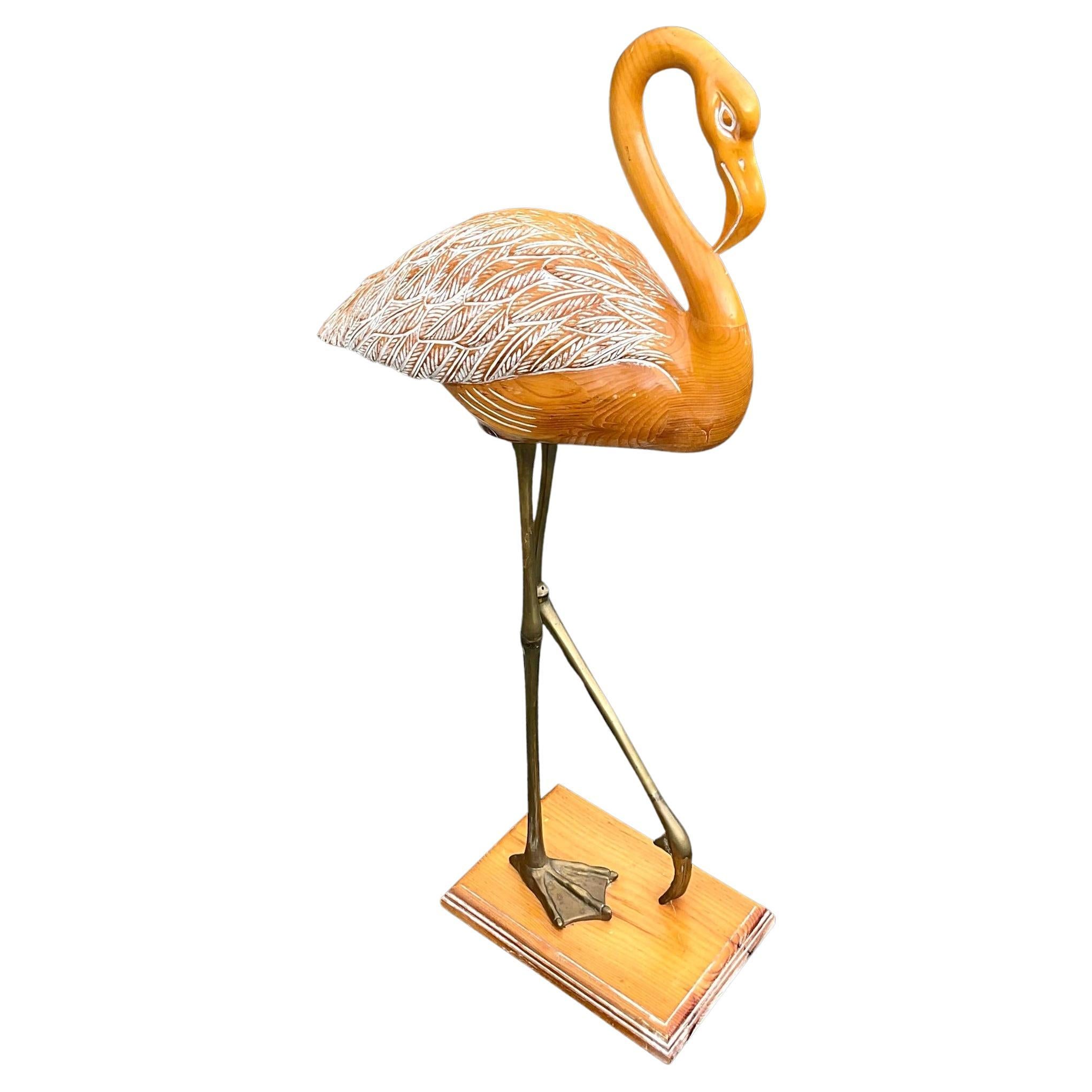 Vintage Late 20th Century Coastal Carved Wood Flamingo For Sale