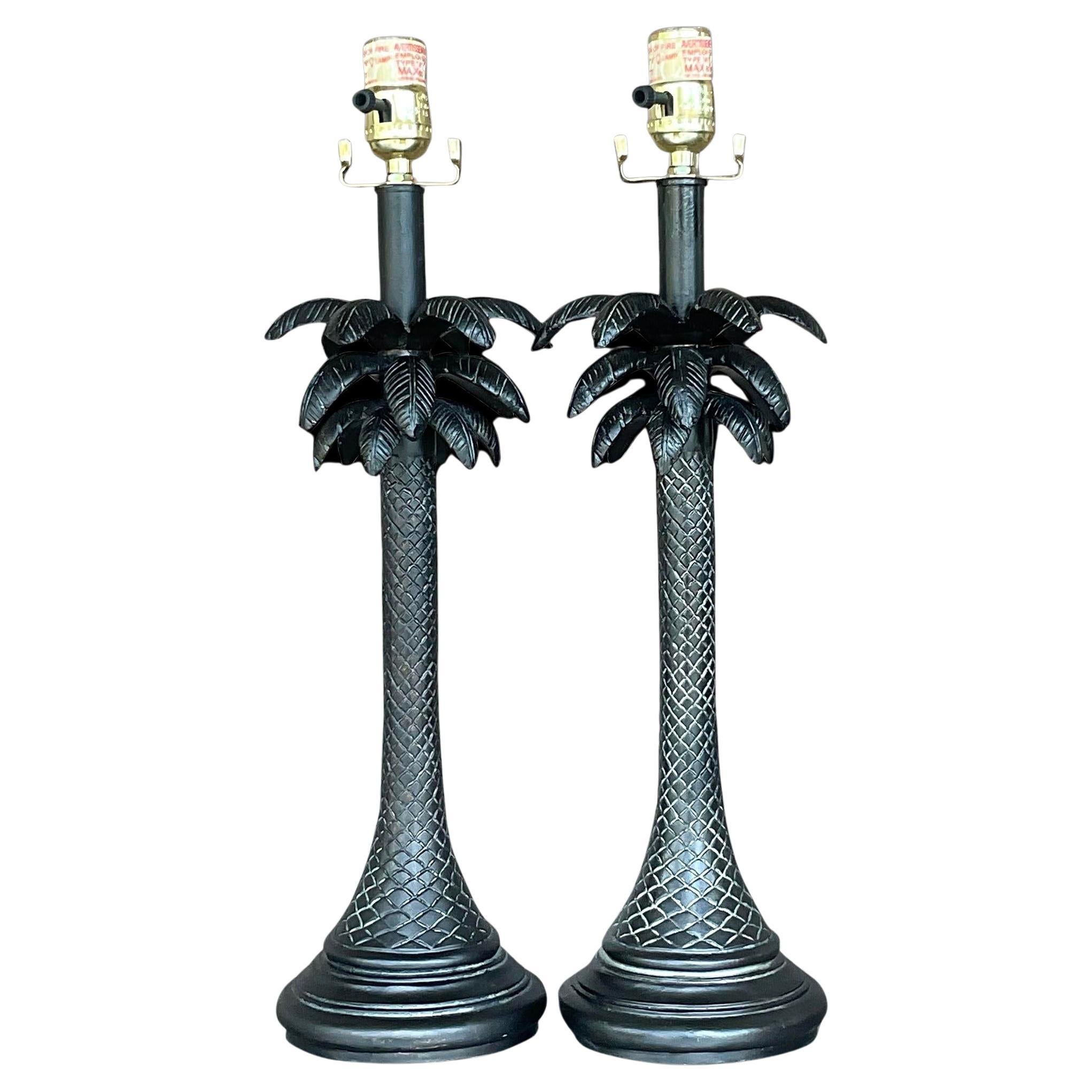 Vintage Late 20th Century Coastal Carved Wood Palm Tree Lamps - a Pair