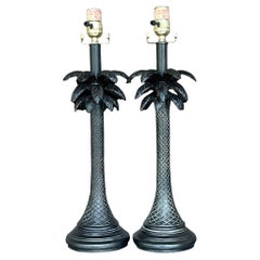 Retro Late 20th Century Coastal Carved Wood Palm Tree Lamps - a Pair