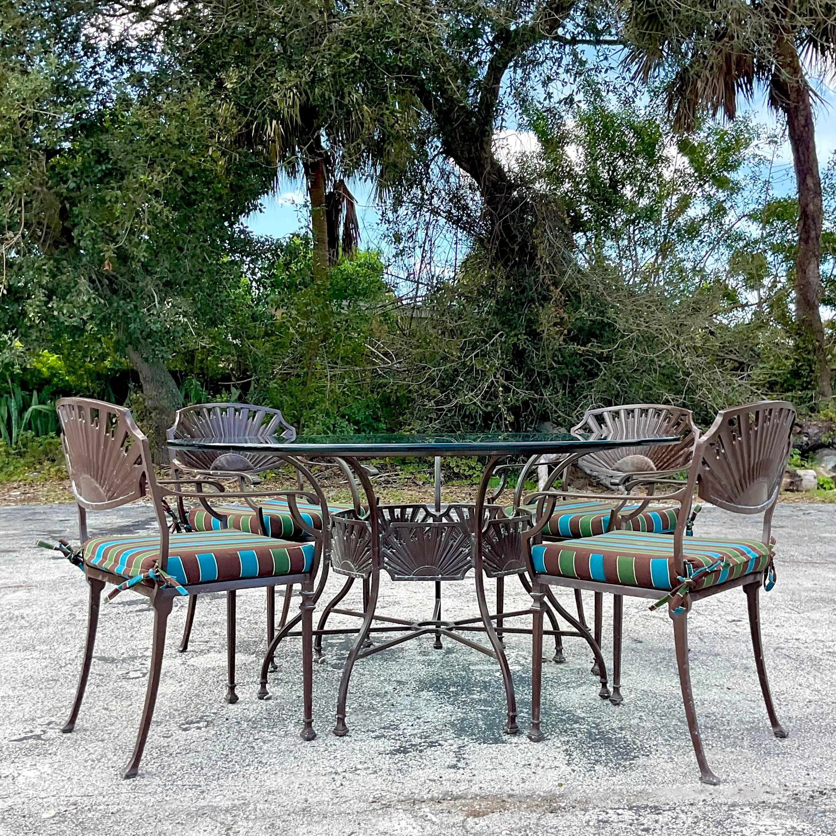 Vintage Late 20th Century Coastal Wrought Iron Outdoor Dining Table & 4 Chairs 4