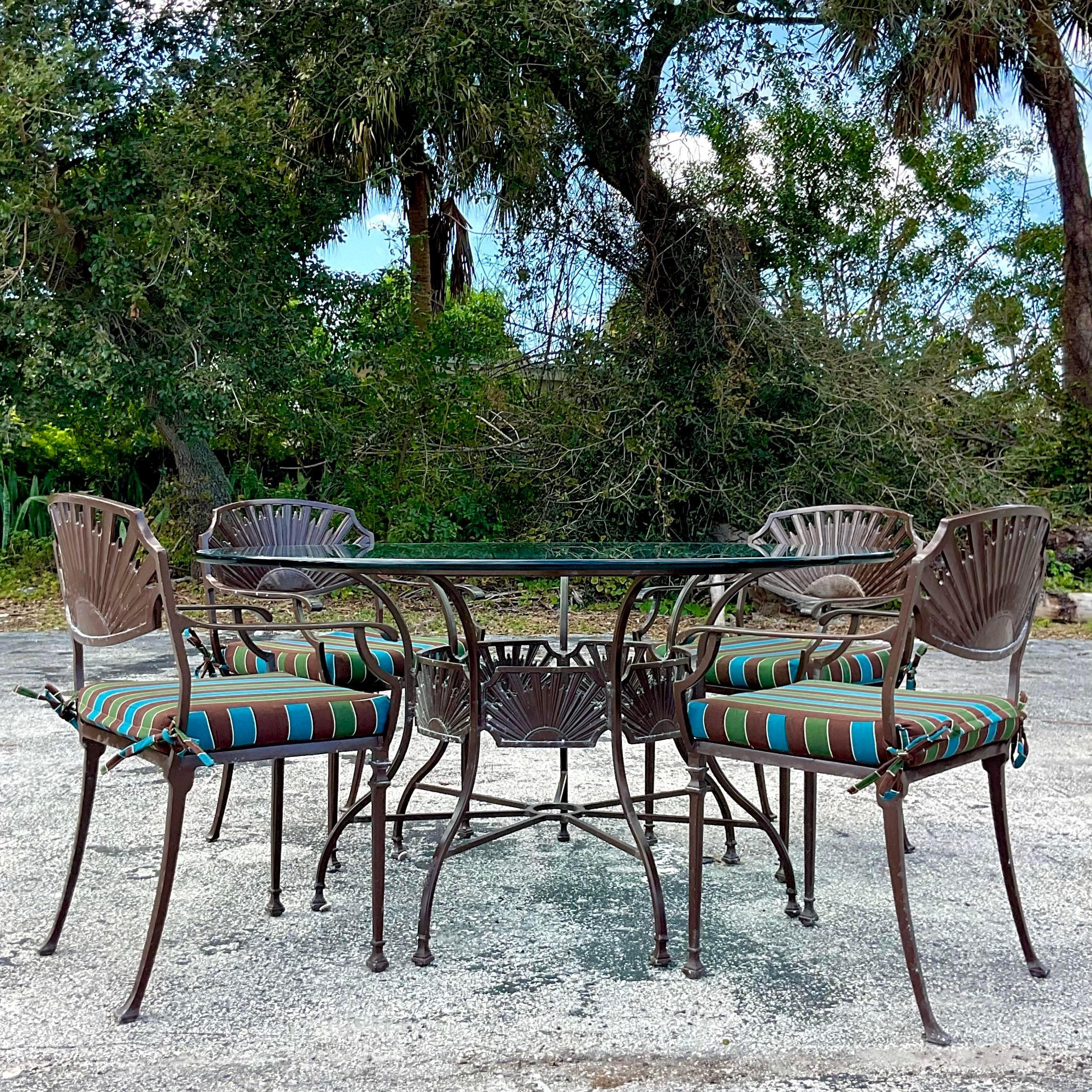 Vintage Late 20th Century Coastal Wrought Iron Outdoor Dining Table & 4 Chairs 6