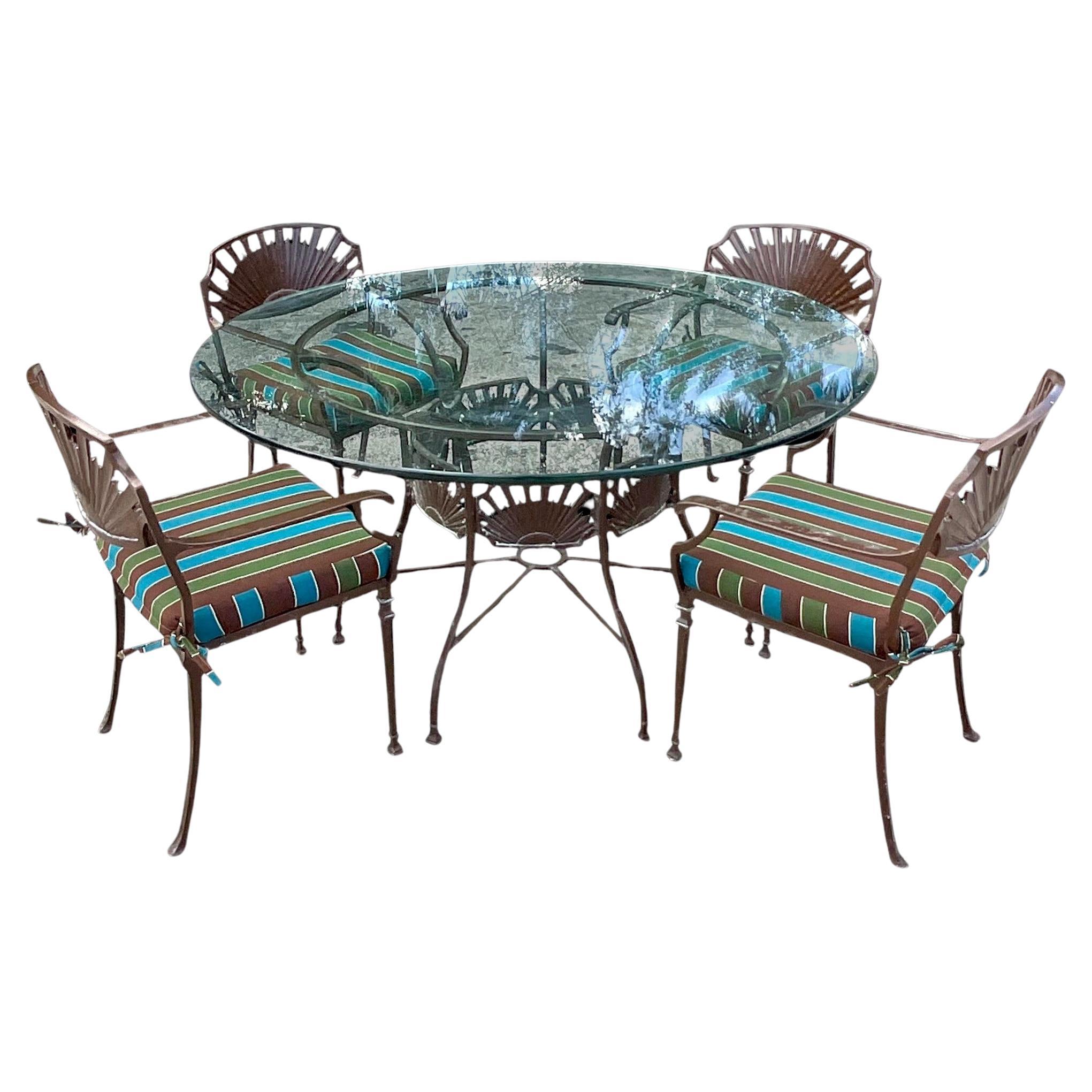Vintage Late 20th Century Coastal Wrought Iron Outdoor Dining Table & 4 Chairs