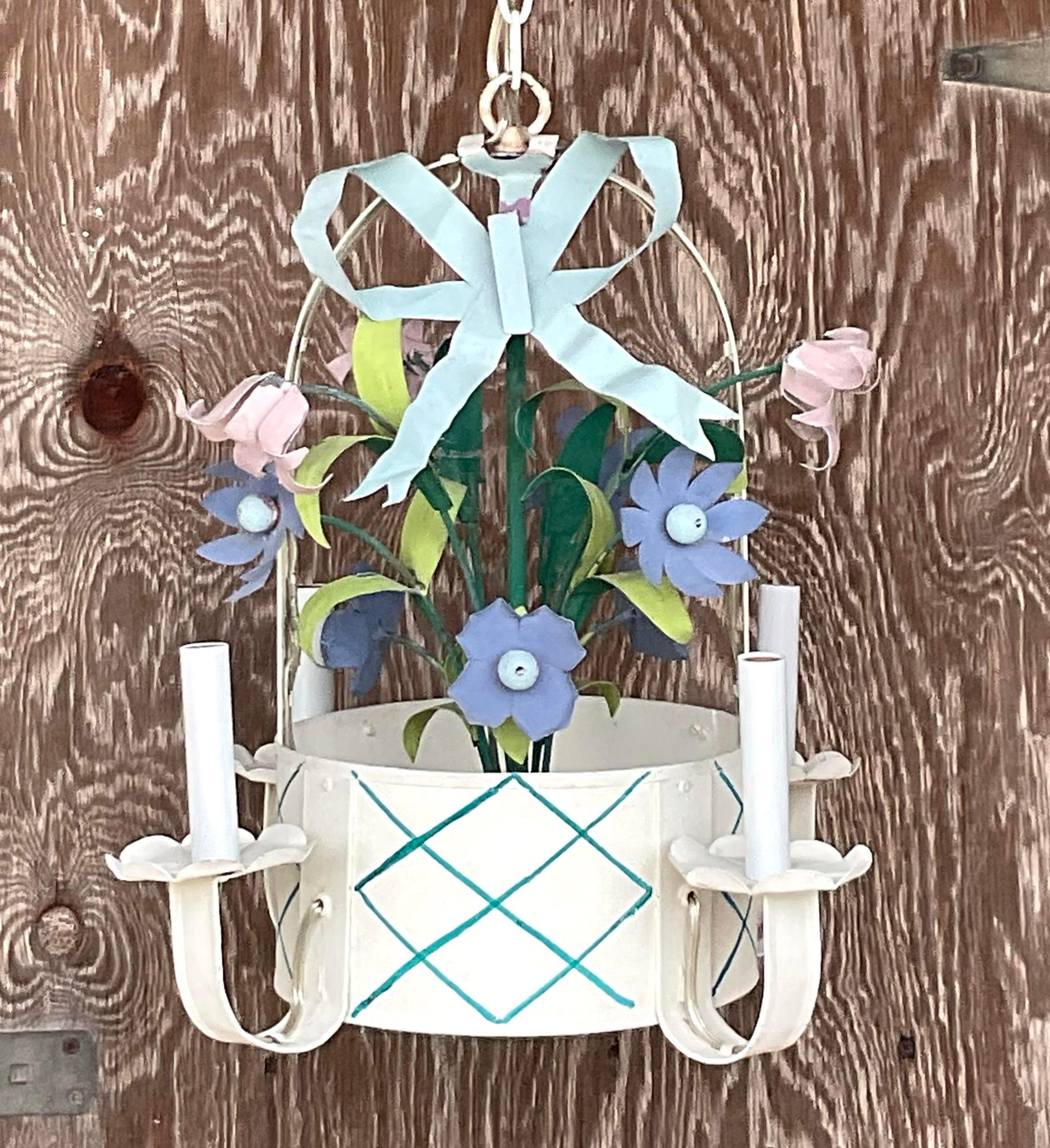 Metal Vintage Late 20th Century French Floral Pastel Chandelier For Sale
