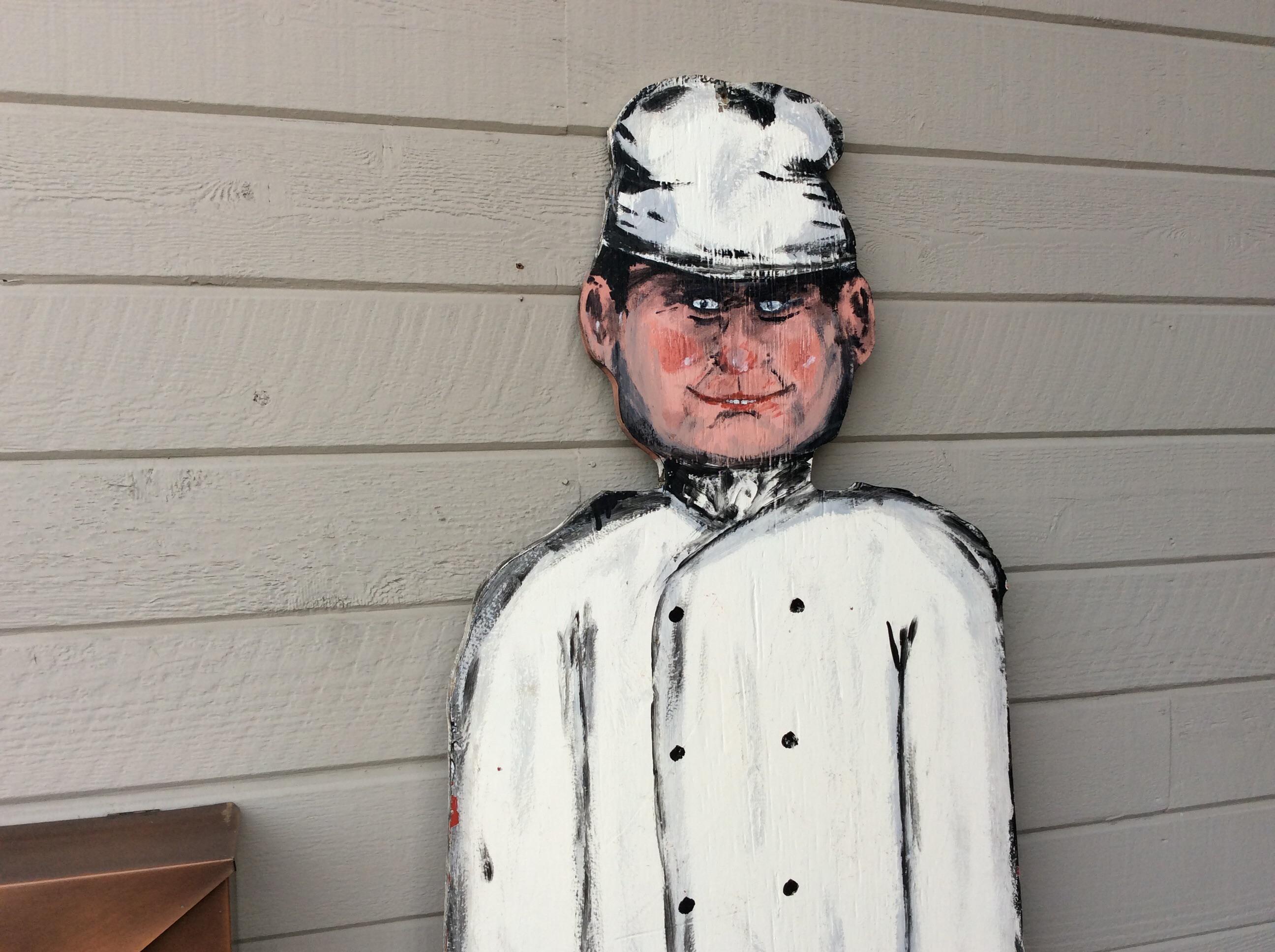 Found in the South of France, this life size wood hand painted chef was once used at a bistro in Provence. Painted on both sides, this unique piece of art could be displayed on a wall or with some modification could stand alone.

20.5