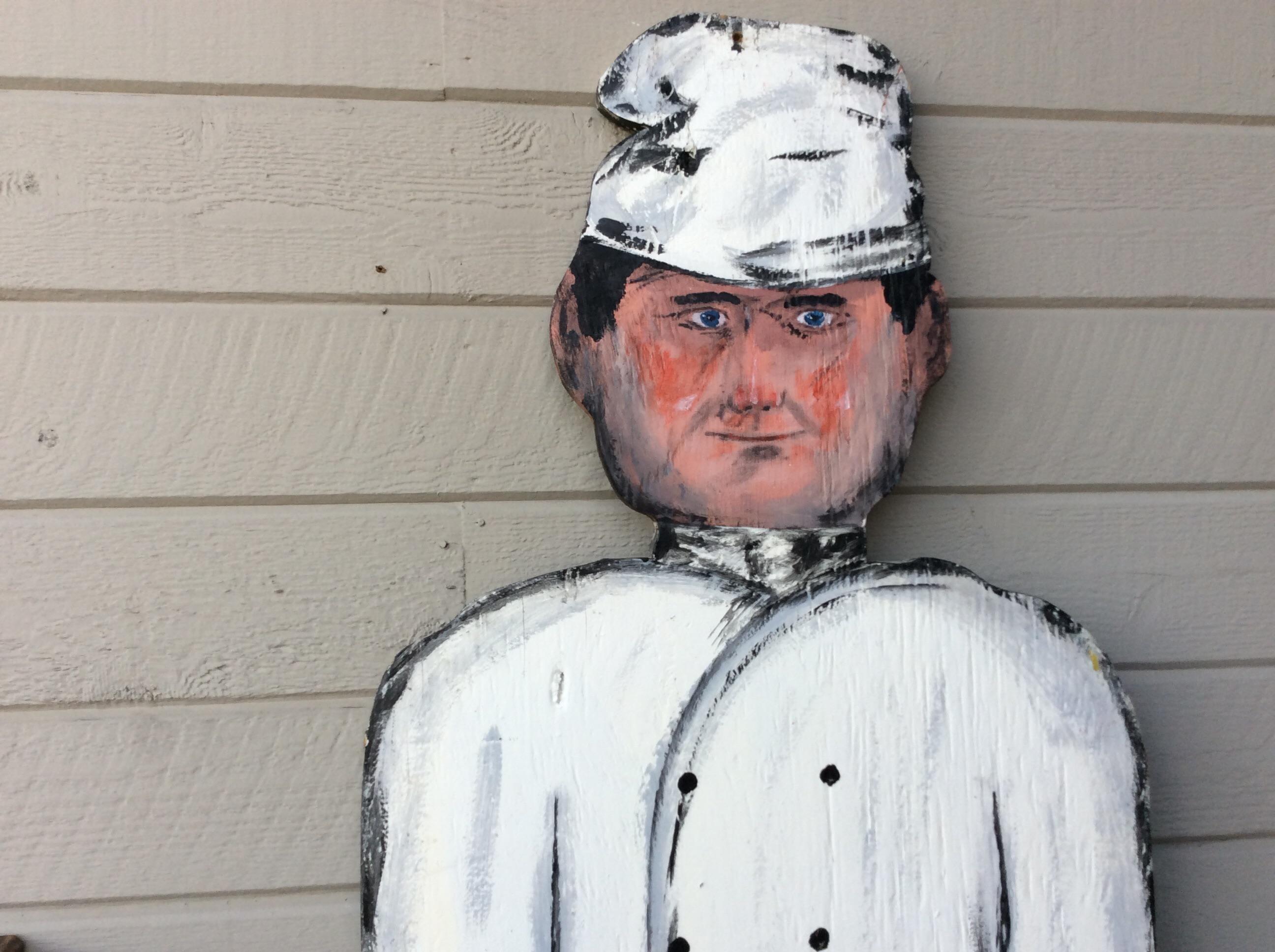 Found in the South of France, this life size wood hand painted chef was once used at a bistro in Provence. Painted on both sides, this unique piece of art could be displayed on a wall or with some modification could stand alone.

20.5