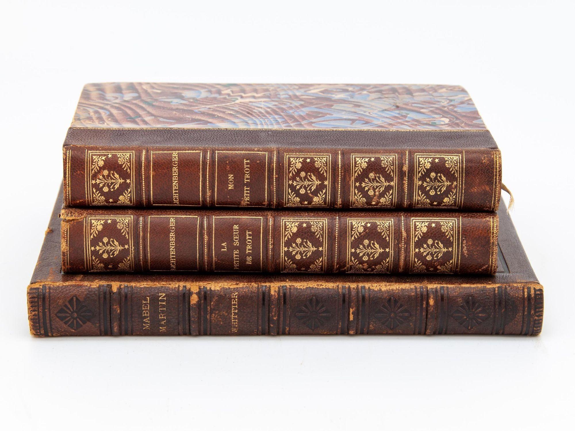 Ensemble de trois livres vintage reliés en cuir. La paire la plus petite est l'édition française de 