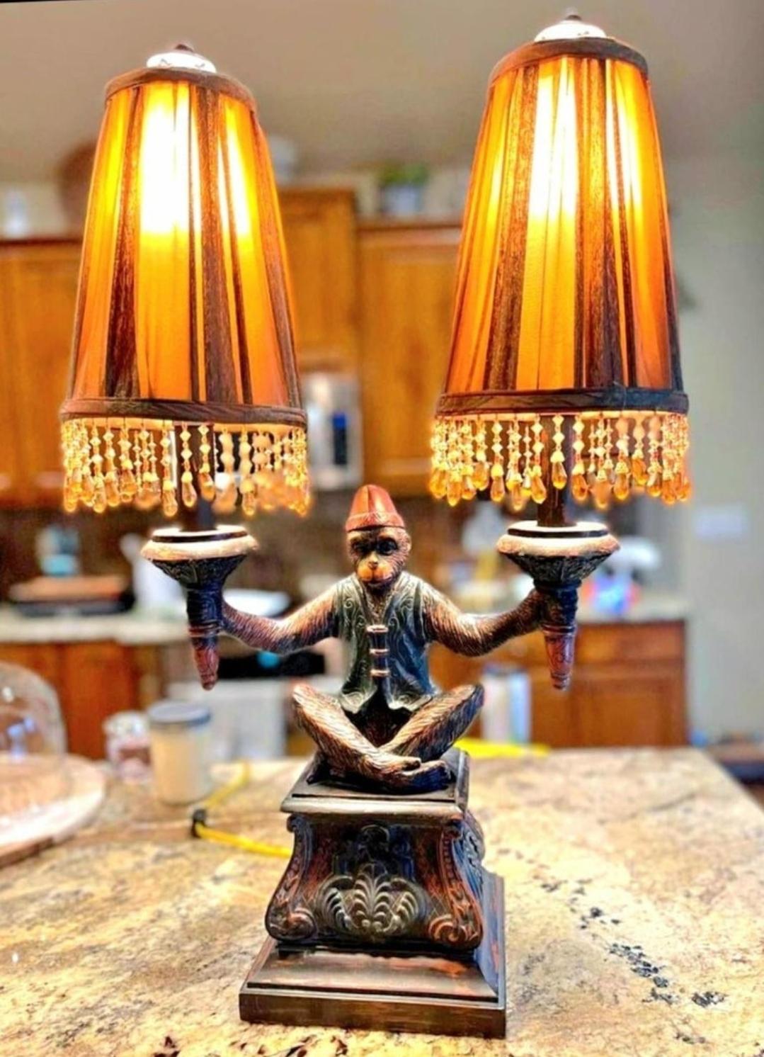 Hollywood Regency Vintage Late 20th Century Maitland Smith Bellhop Monkey Dual Lamp For Sale