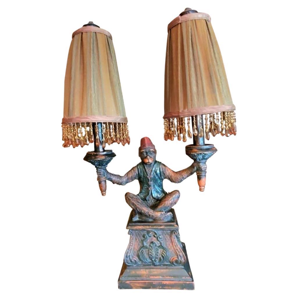 Vintage Late 20th Century Maitland Smith Bellhop Monkey Dual Lamp