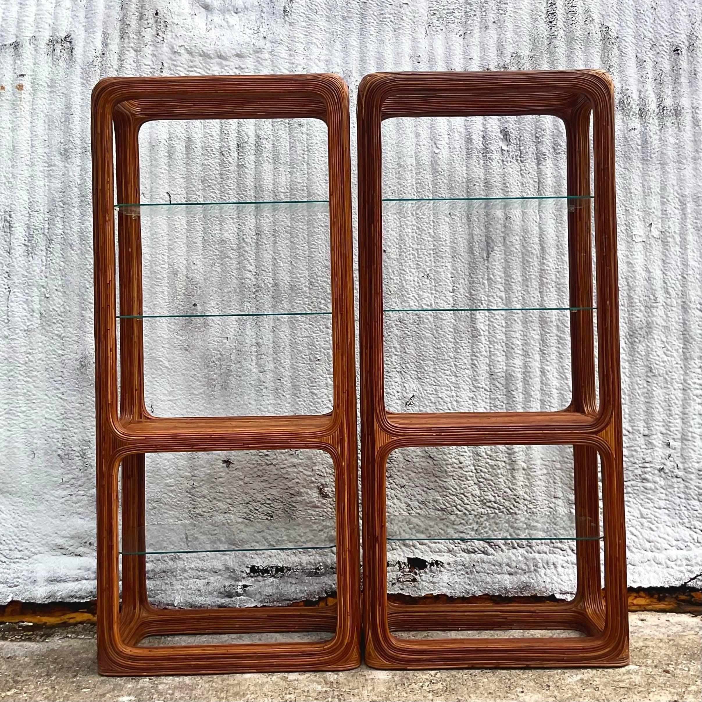 Vintage Late 20th Century Pencil Reed Etagere - a Pair In Good Condition For Sale In west palm beach, FL