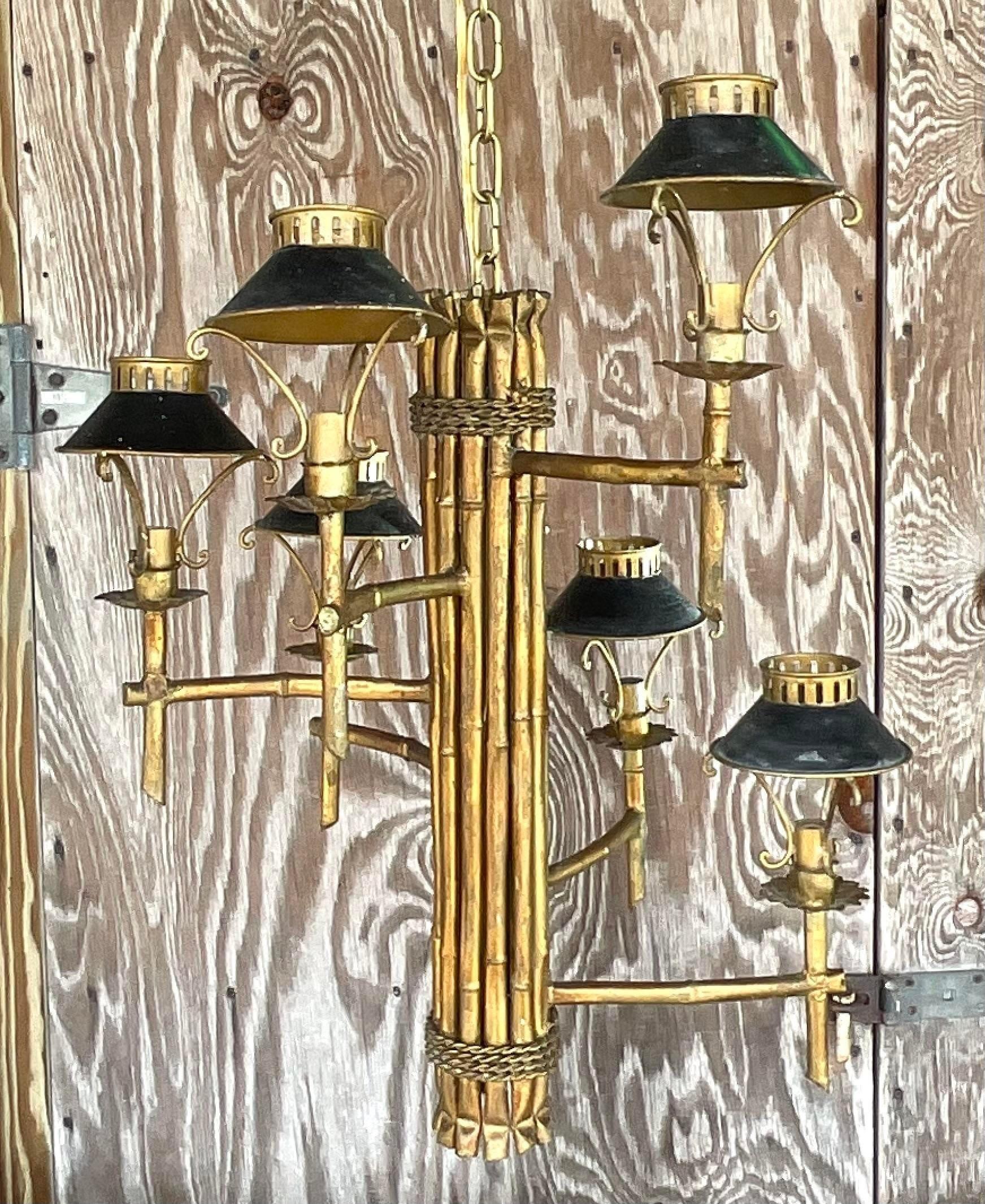 Vintage Late 20th Century Regency Gilt Bamboo Spiral Chandelier In Good Condition For Sale In west palm beach, FL